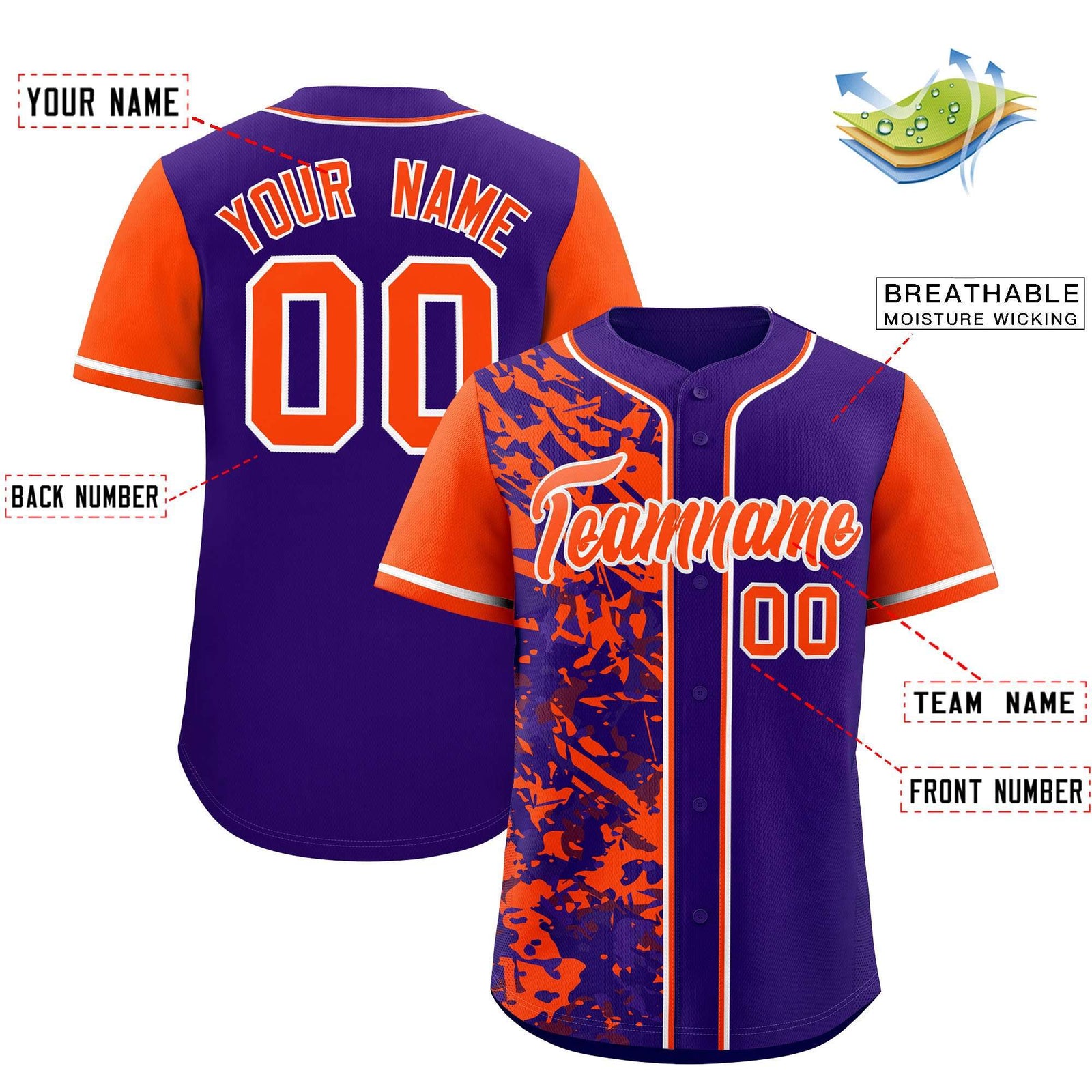 Custom Purple Orange Split Personalized Graffiti Raglan Sleeve Authentic Baseball Jersey