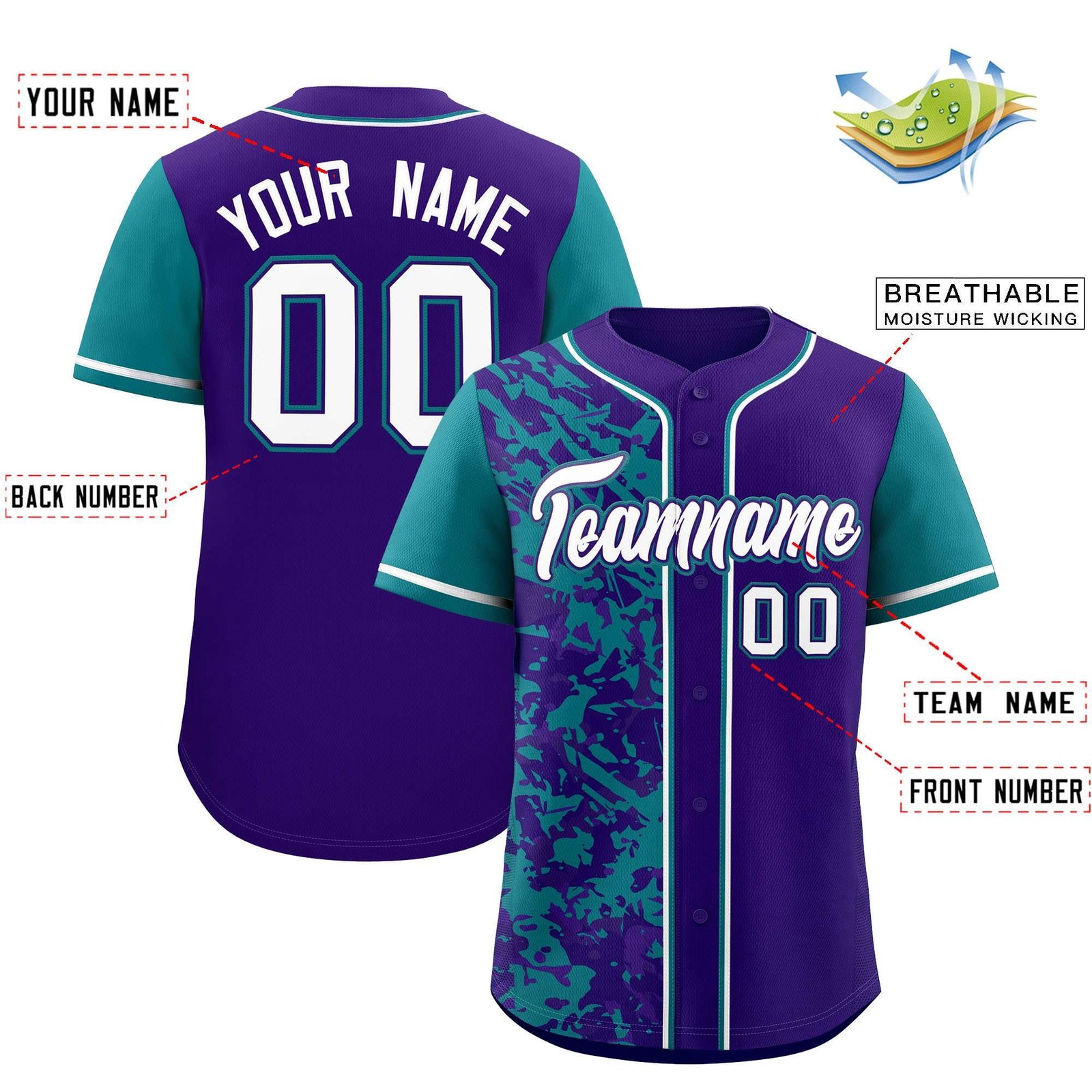 Custom Purple Teal Split Personalized Graffiti Raglan Sleeve Authentic Baseball Jersey
