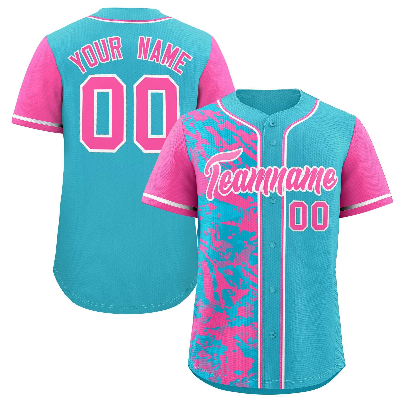 Custom Sky Blue Pink Split Personalized Graffiti Raglan Sleeve Authentic Baseball Jersey