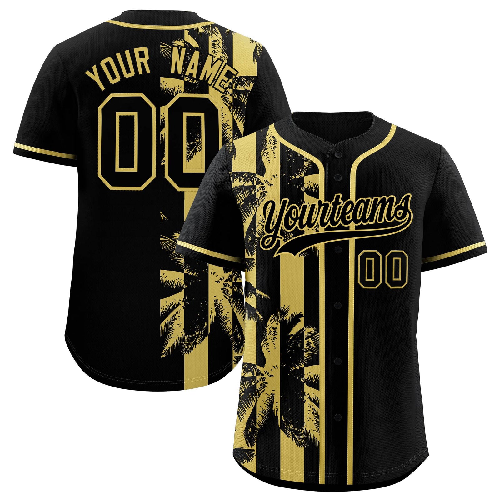 Custom Black Old Gold Split Fashion Coconut Tree Design Authentic Baseball Jersey