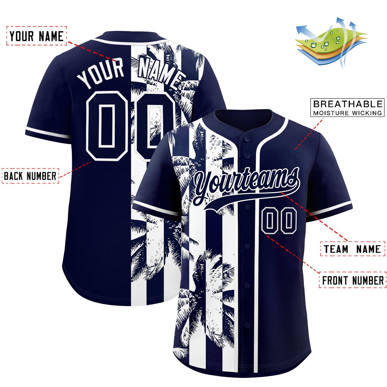 Custom Navy White Split Fashion Coconut Tree Design Authentic Baseball Jersey