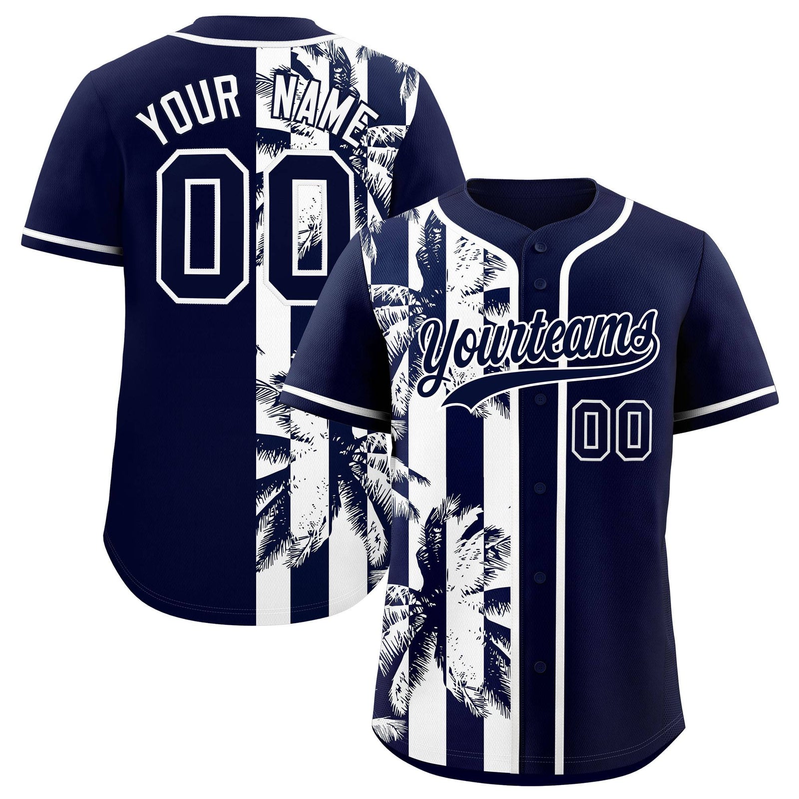 Custom Navy White Split Fashion Coconut Tree Design Authentic Baseball Jersey