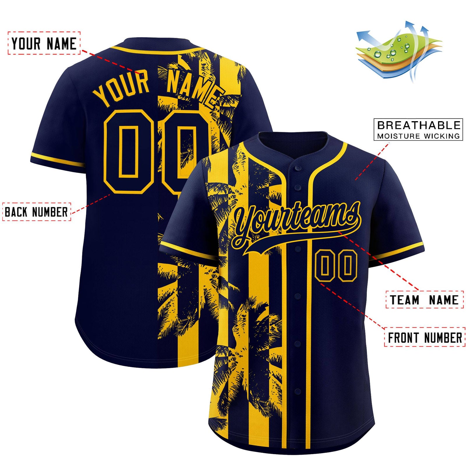 Custom Navy Yellow Split Fashion Coconut Tree Design Authentic Baseball Jersey