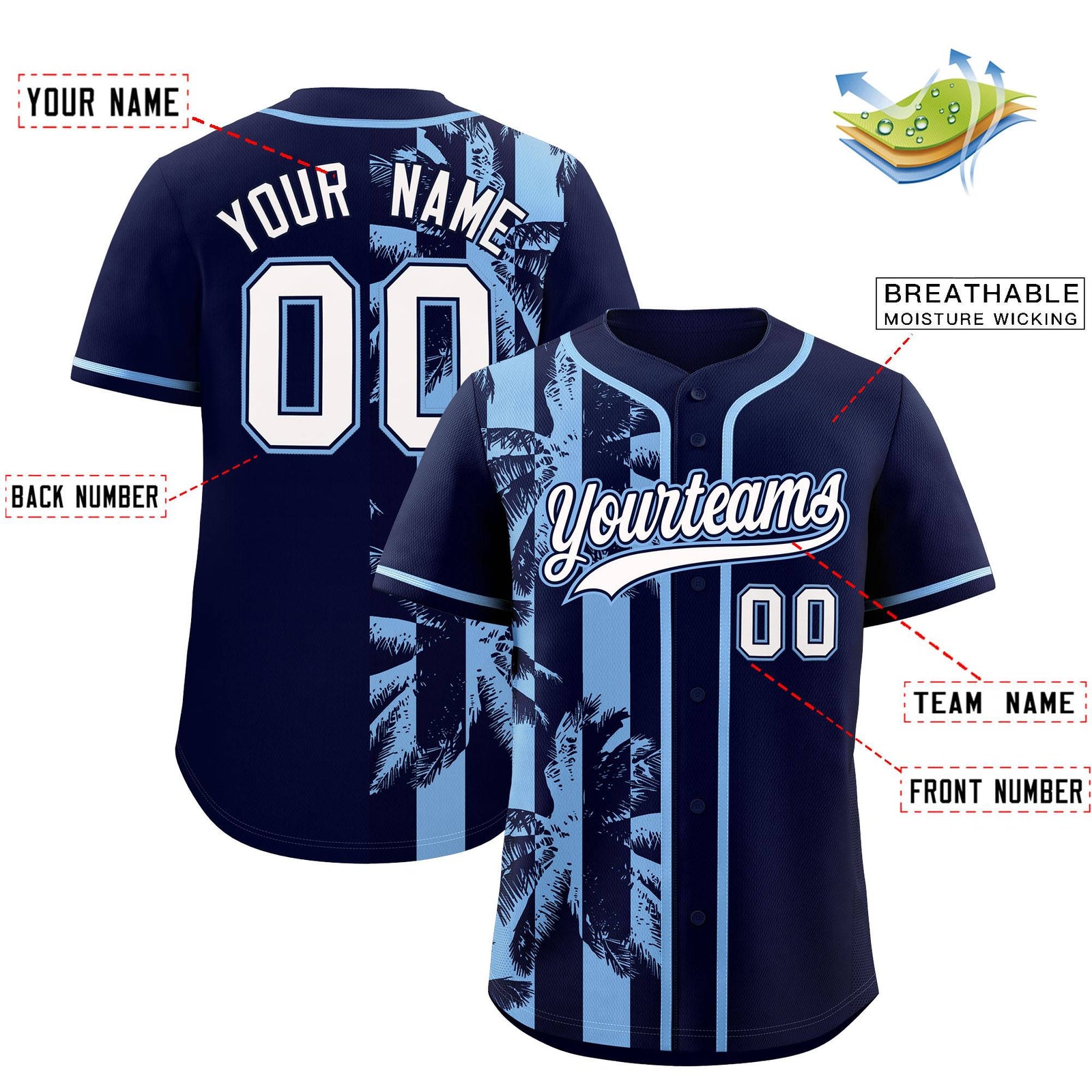 Custom Navy Powder Blue Split Fashion Coconut Tree Design Authentic Baseball Jersey
