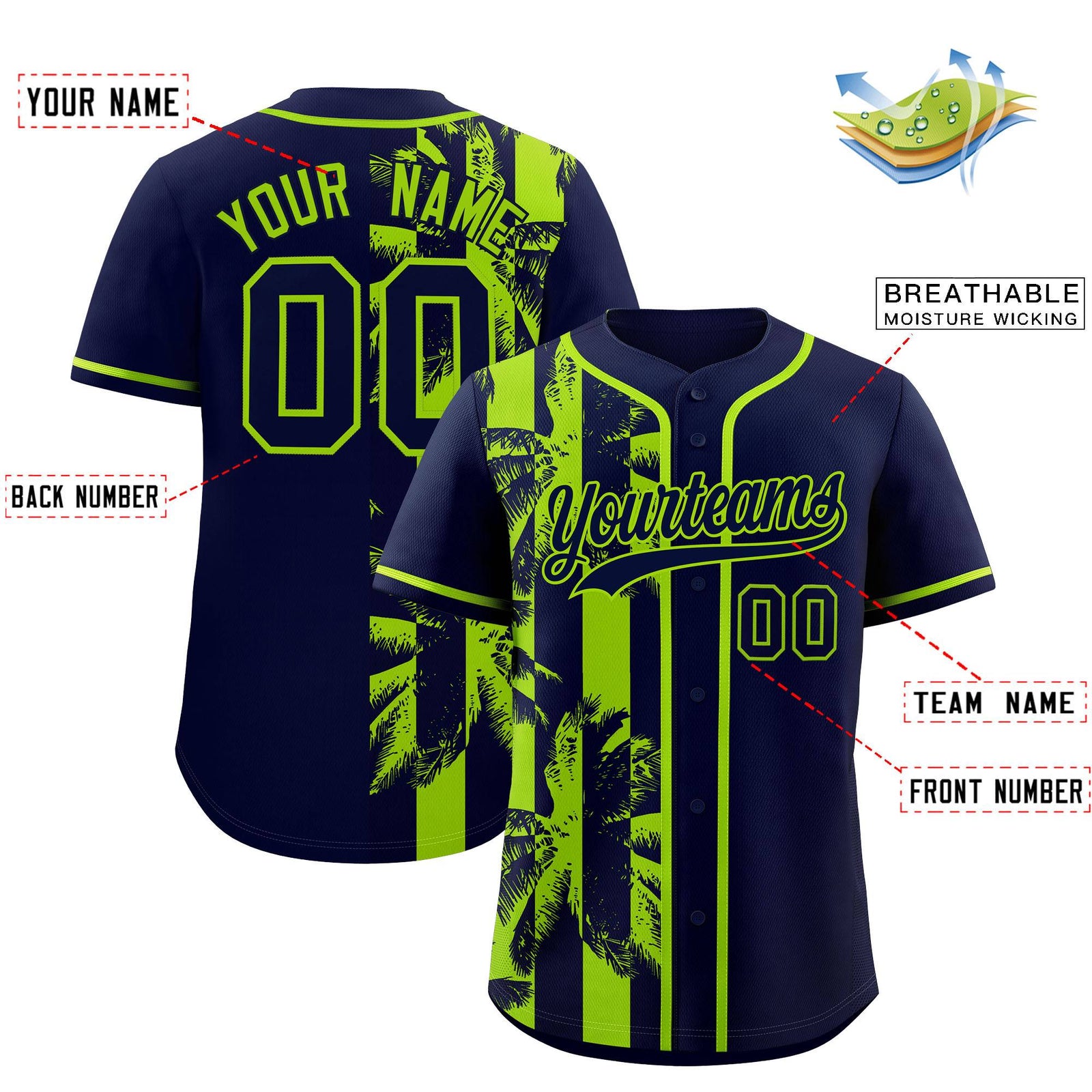 Custom Navy Neon Green Split Fashion Coconut Tree Design Authentic Baseball Jersey