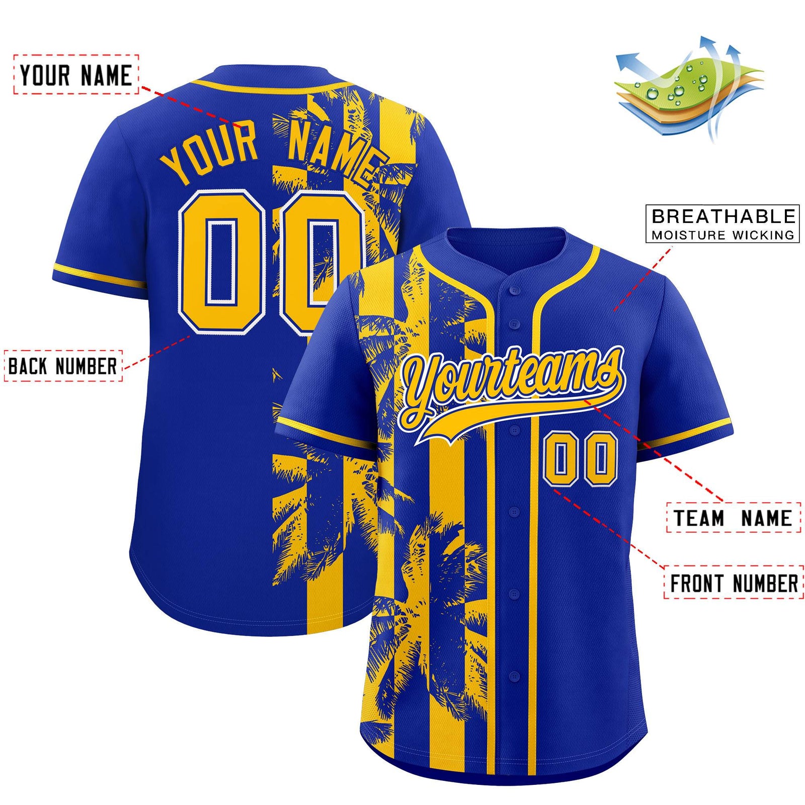 Custom Royal Yellow Split Fashion Coconut Tree Design Authentic Baseball Jersey
