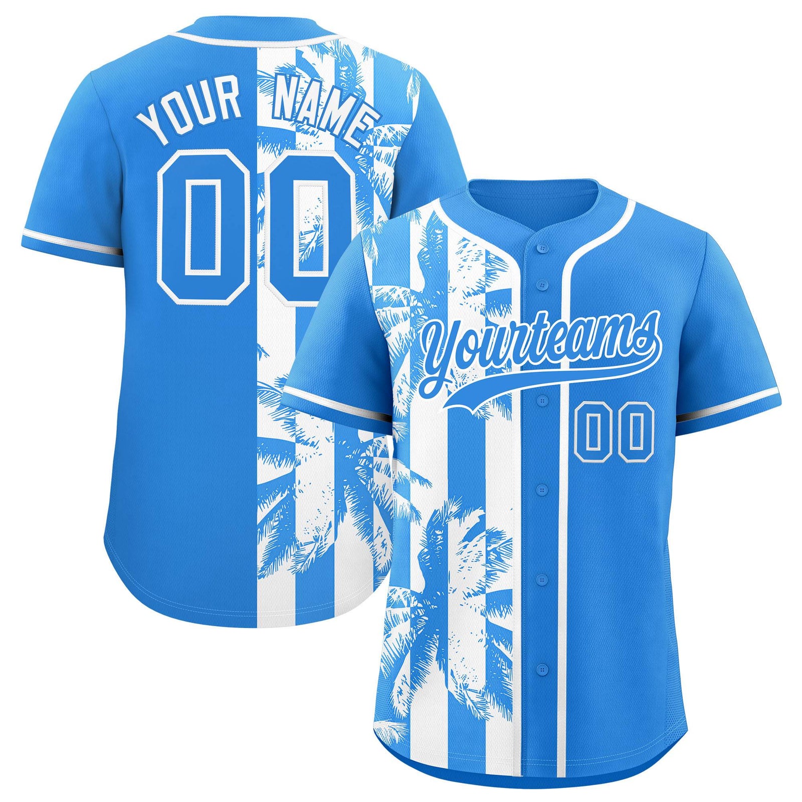 Custom Powder Blue White Split Fashion Coconut Tree Design Authentic Baseball Jersey