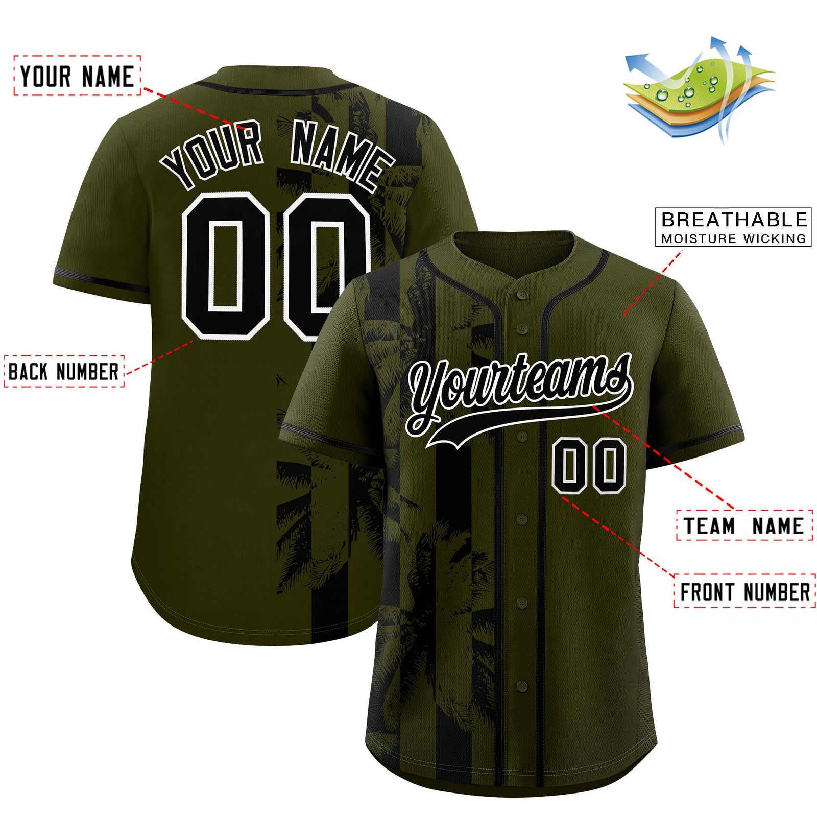 Custom Olive Black Split Fashion Coconut Tree Design Authentic Baseball Jersey