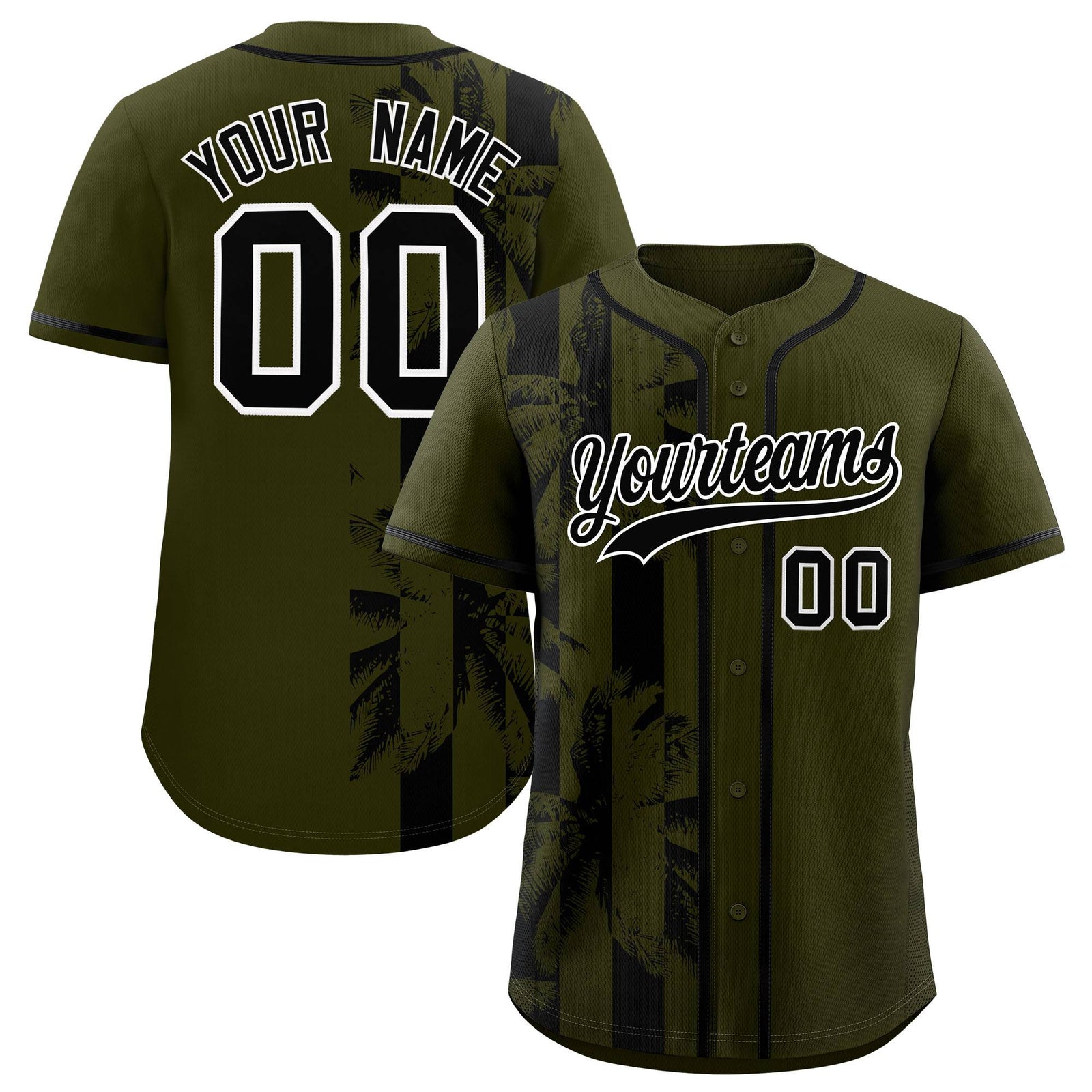 Custom Olive Black Split Fashion Coconut Tree Design Authentic Baseball Jersey