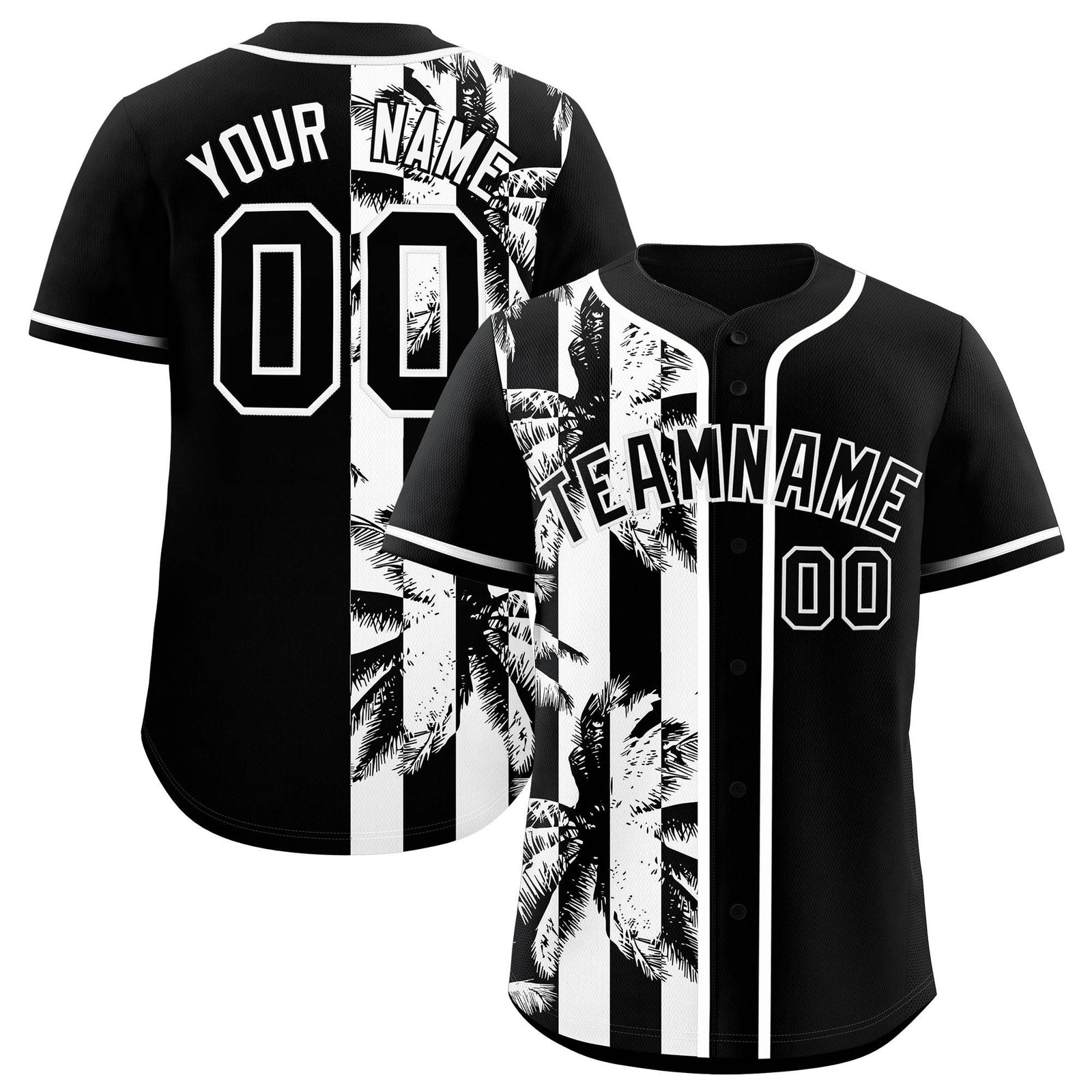 Custom Black White Split Fashion Coconut Tree Design Authentic Baseball Jersey
