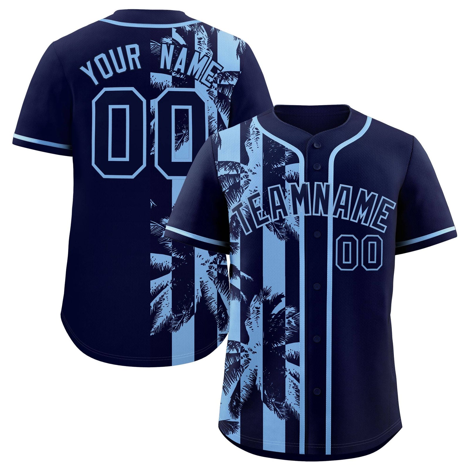 Custom Navy Powder Blue Split Fashion Coconut Tree Design Authentic Baseball Jersey