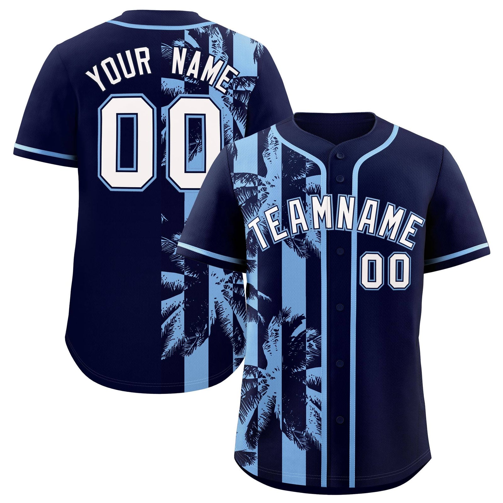 Custom Navy Powder Blue Split Fashion Coconut Tree Design Authentic Baseball Jersey