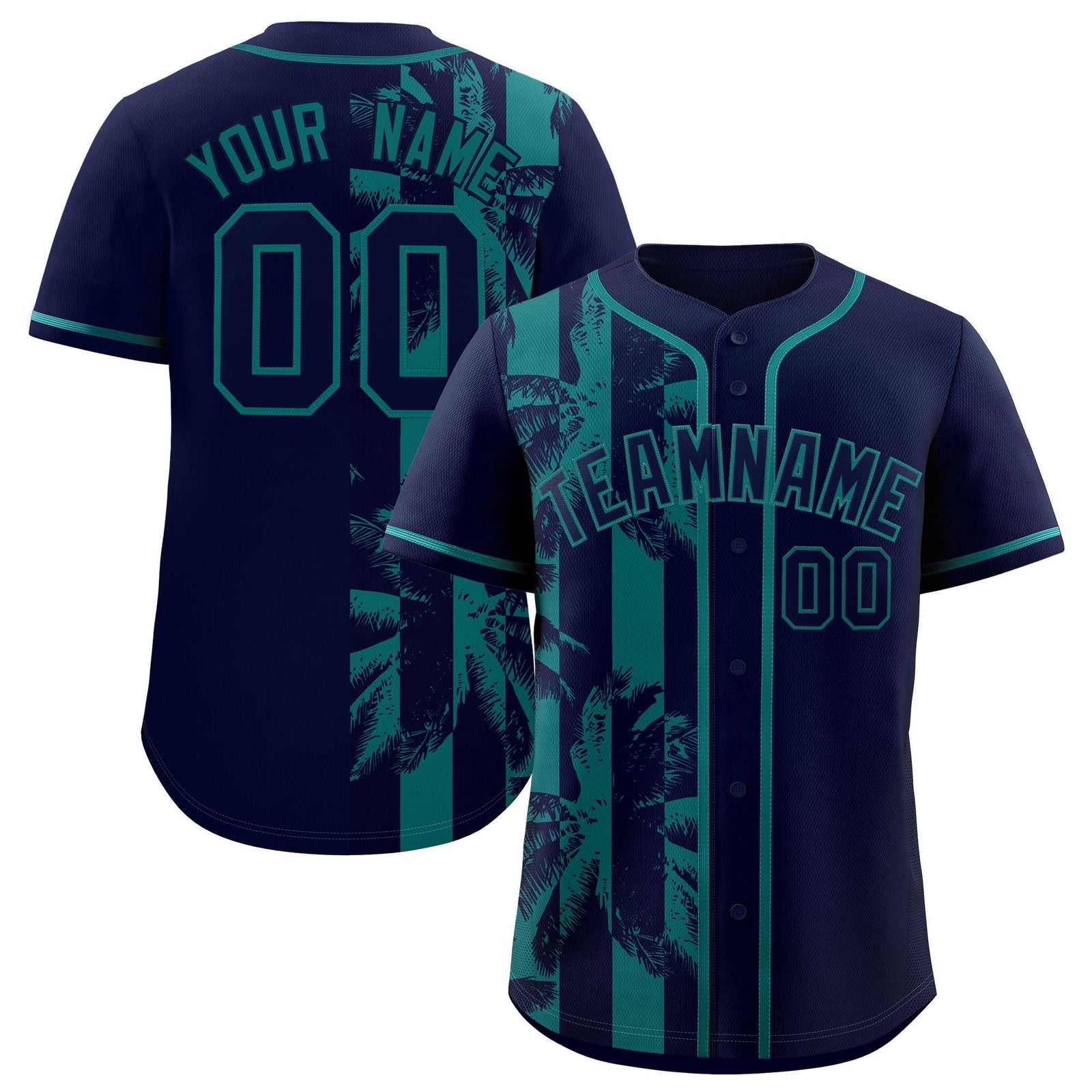 Custom Navy Aqua Split Fashion Coconut Tree Design Authentic Baseball Jersey