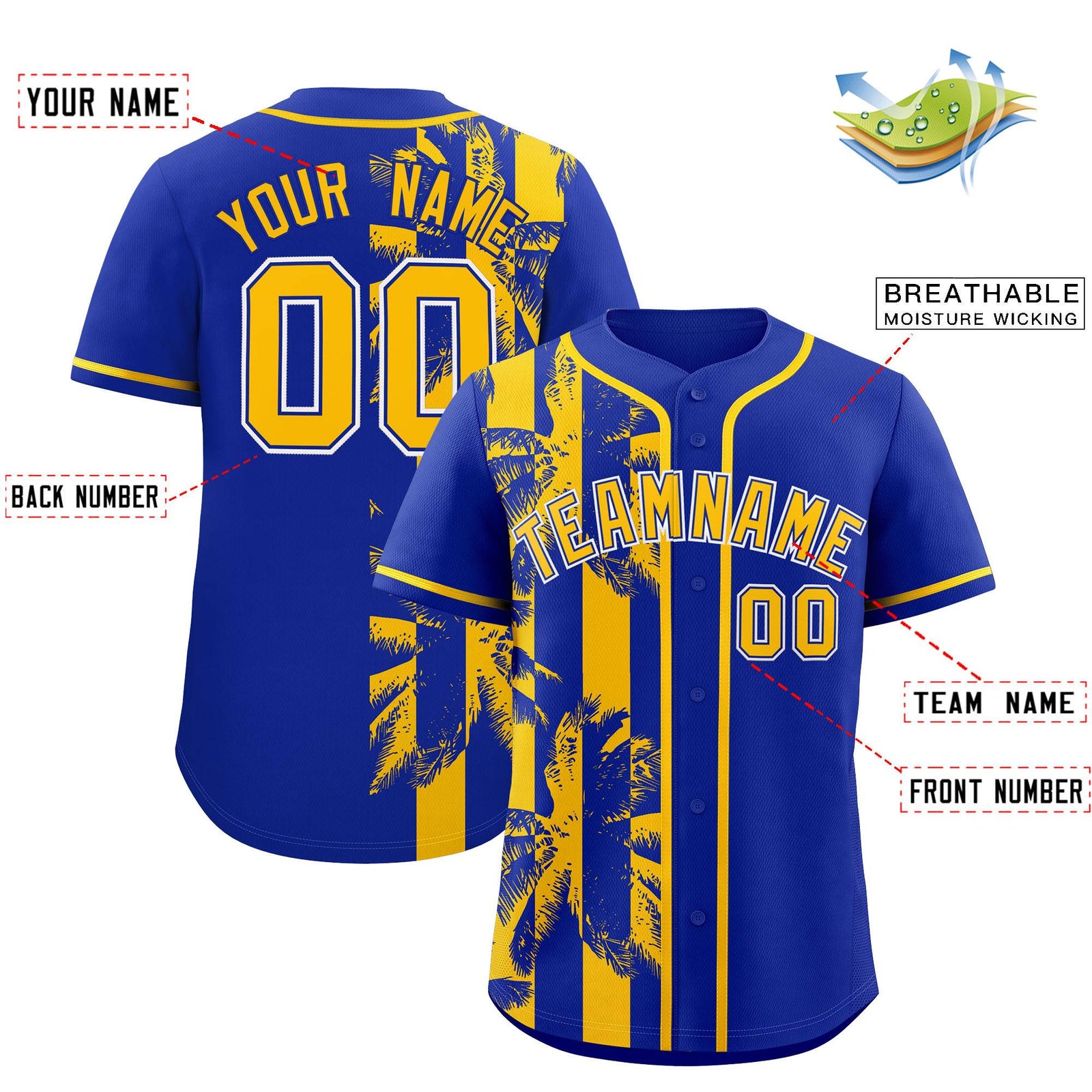 Custom Royal Yellow Split Fashion Coconut Tree Design Authentic Baseball Jersey
