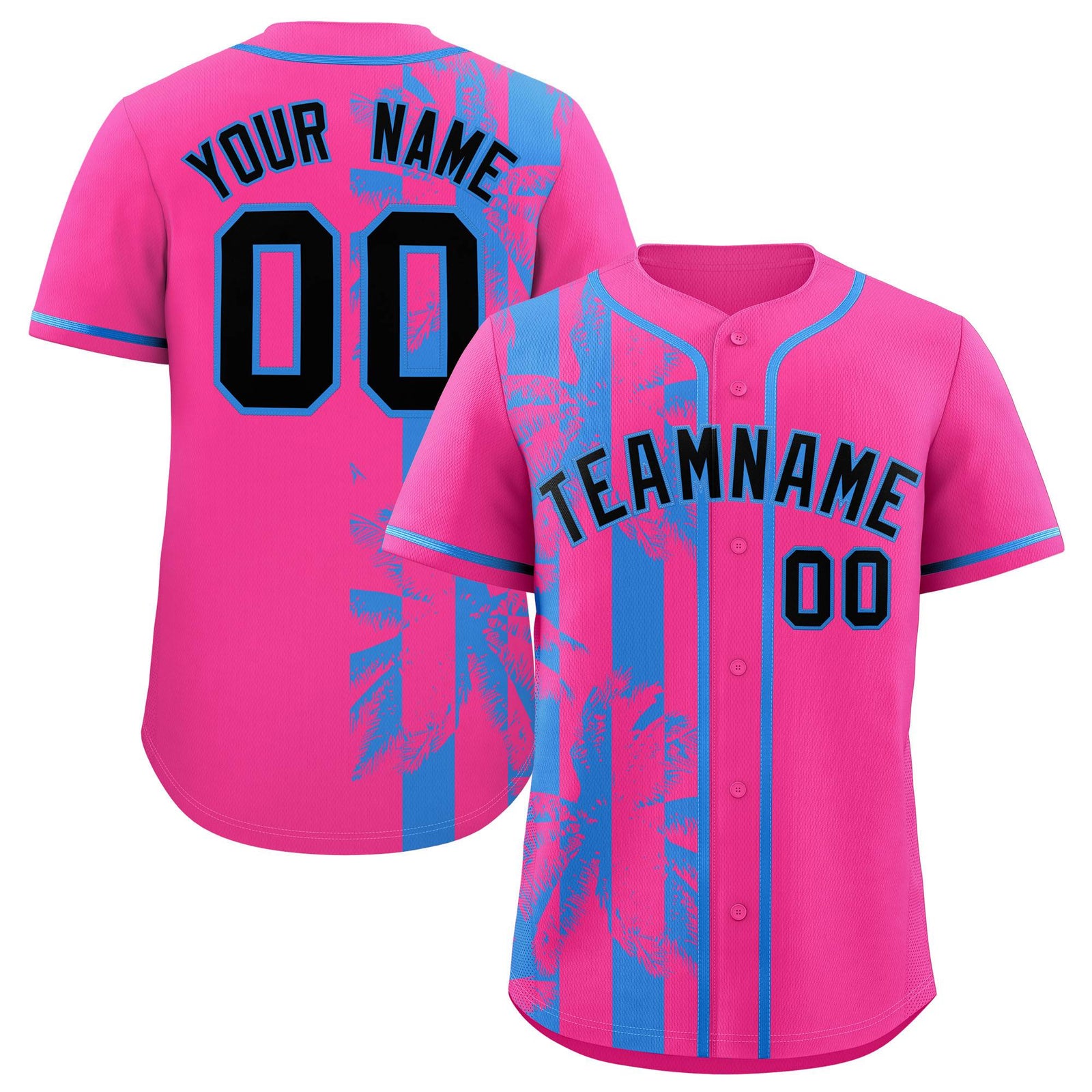 Custom Pink Powder Blue Split Fashion Coconut Tree Design Authentic Baseball Jersey