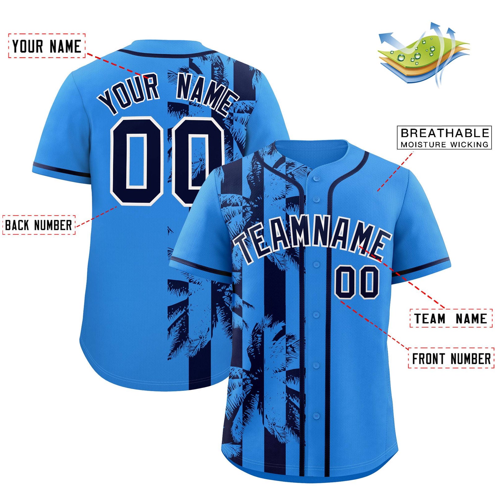 Custom Powder Blue Navy Split Fashion Coconut Tree Design Authentic Baseball Jersey