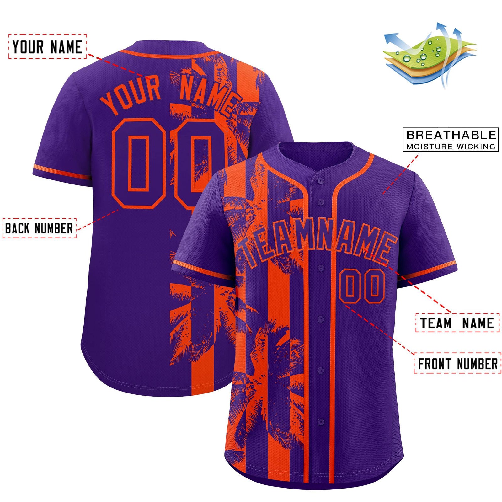 Custom Purple Orange Split Fashion Coconut Tree Design Authentic Baseball Jersey