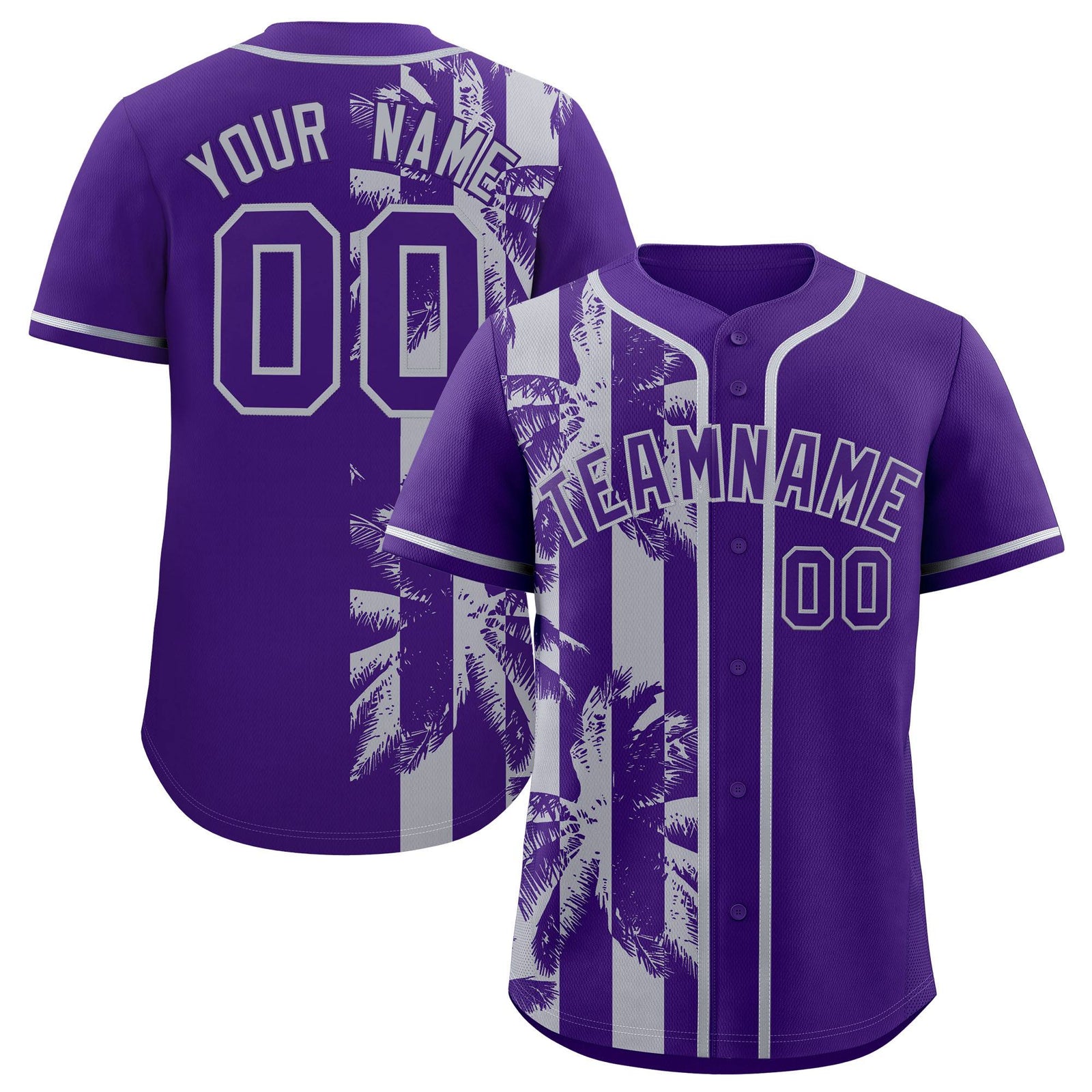 Custom Purple Gray Split Fashion Coconut Tree Design Authentic Baseball Jersey