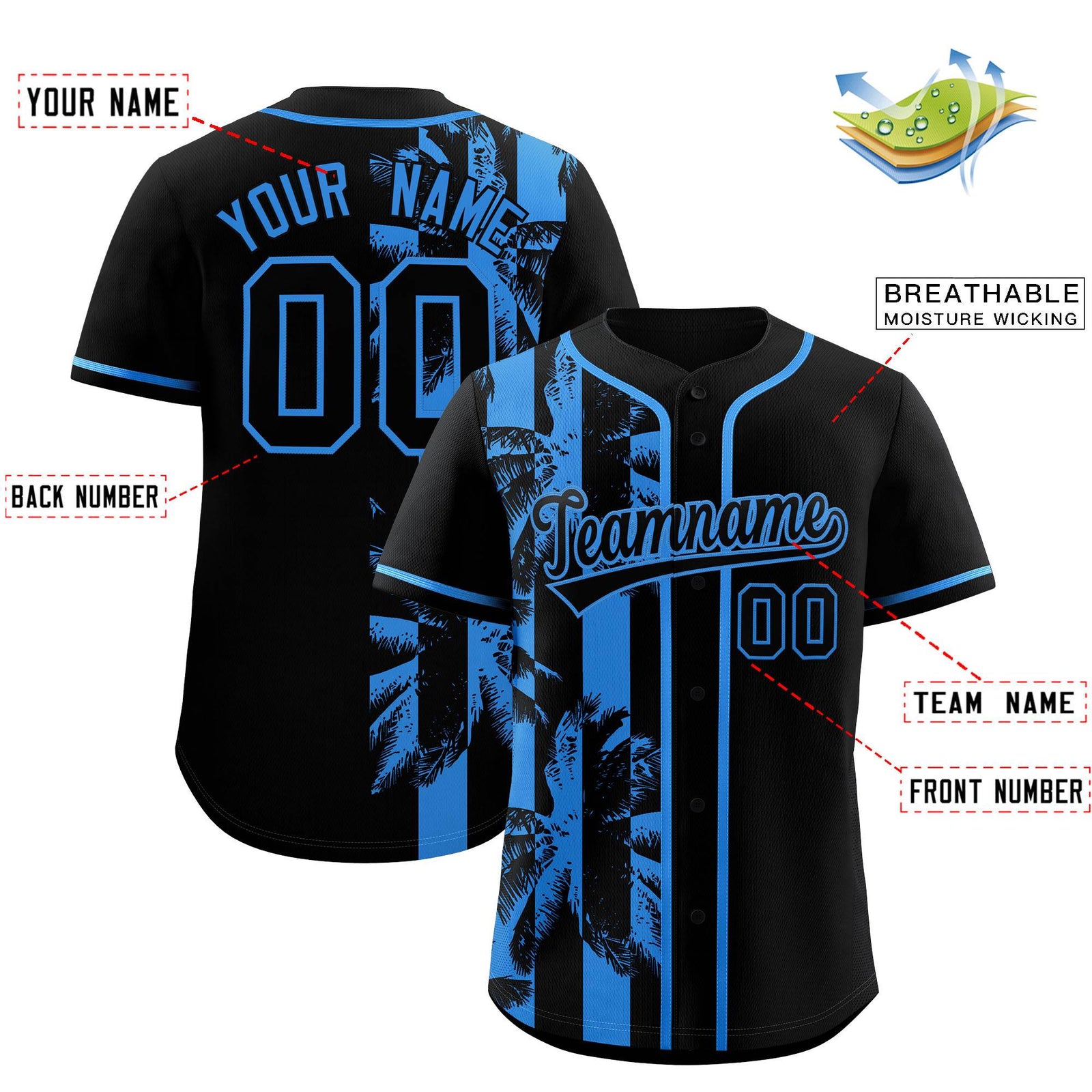 Custom Black Powder Blue Split Fashion Coconut Tree Design Authentic Baseball Jersey