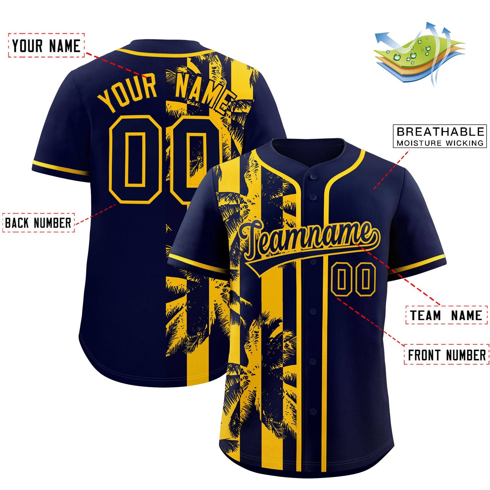 Custom Navy Yellow Split Fashion Coconut Tree Design Authentic Baseball Jersey