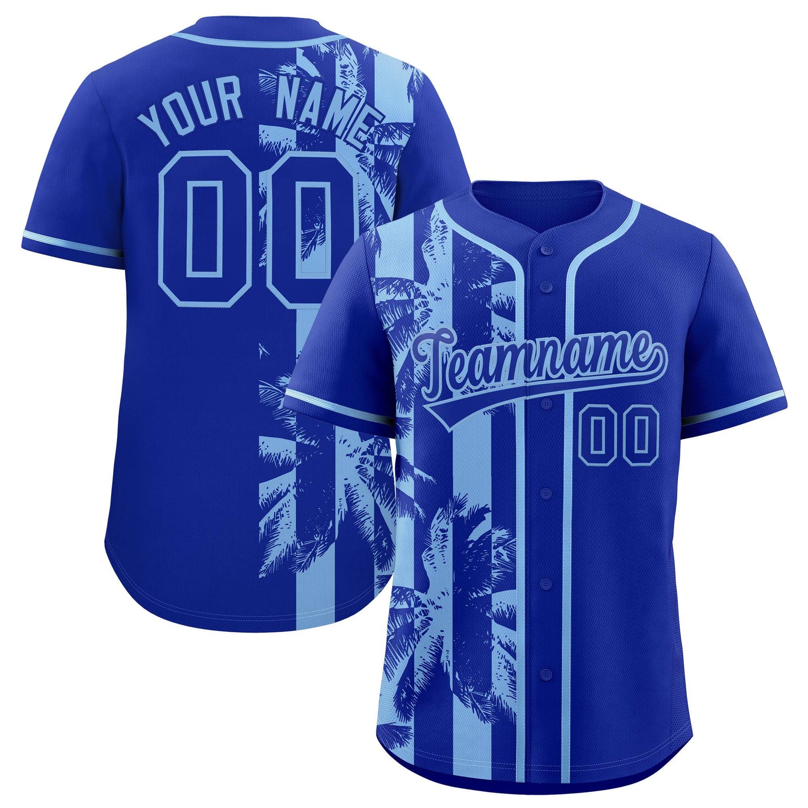 Custom Royal Powder Blue Split Fashion Coconut Tree Design Authentic Baseball Jersey
