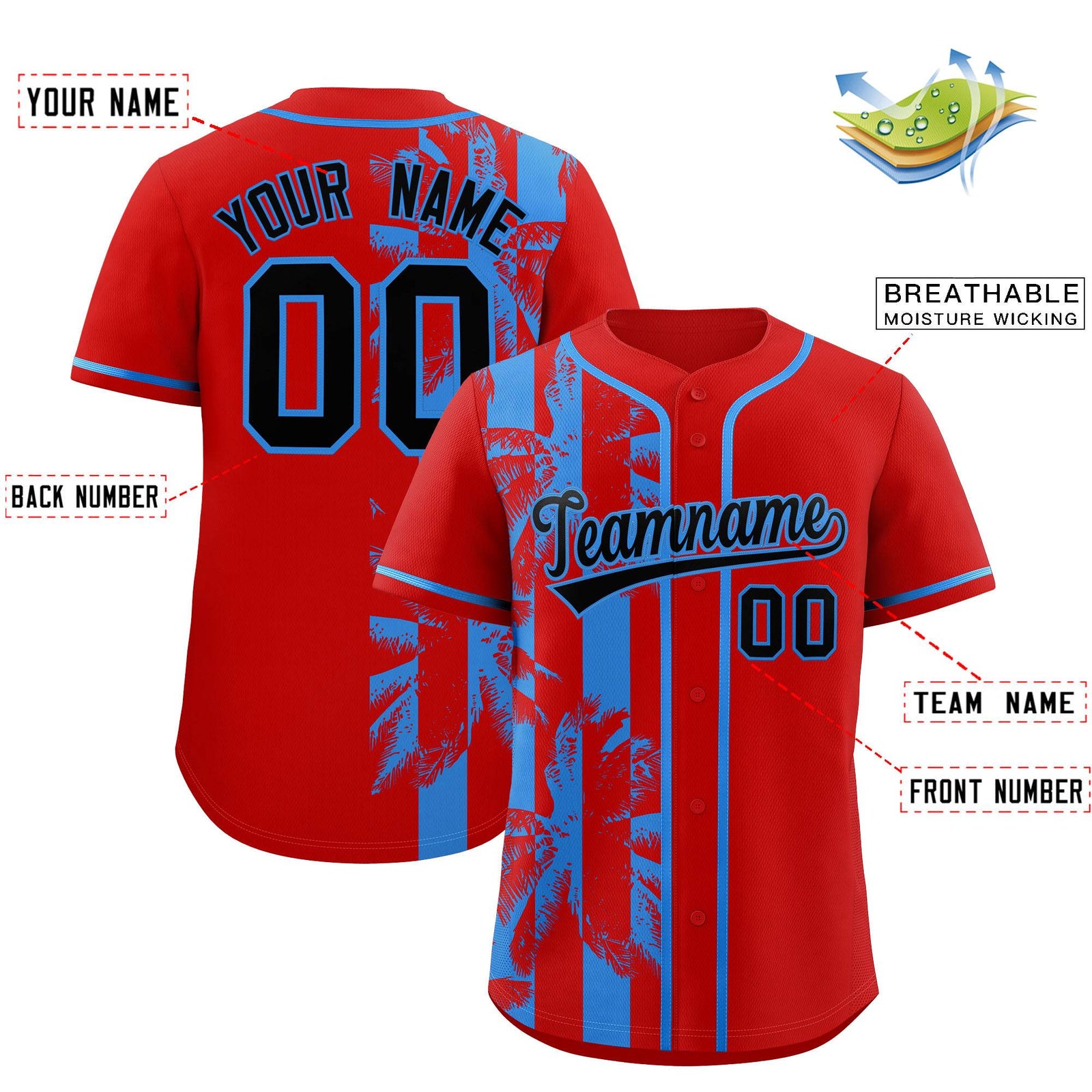 Custom Red Powder Blue Split Fashion Coconut Tree Design Authentic Baseball Jersey