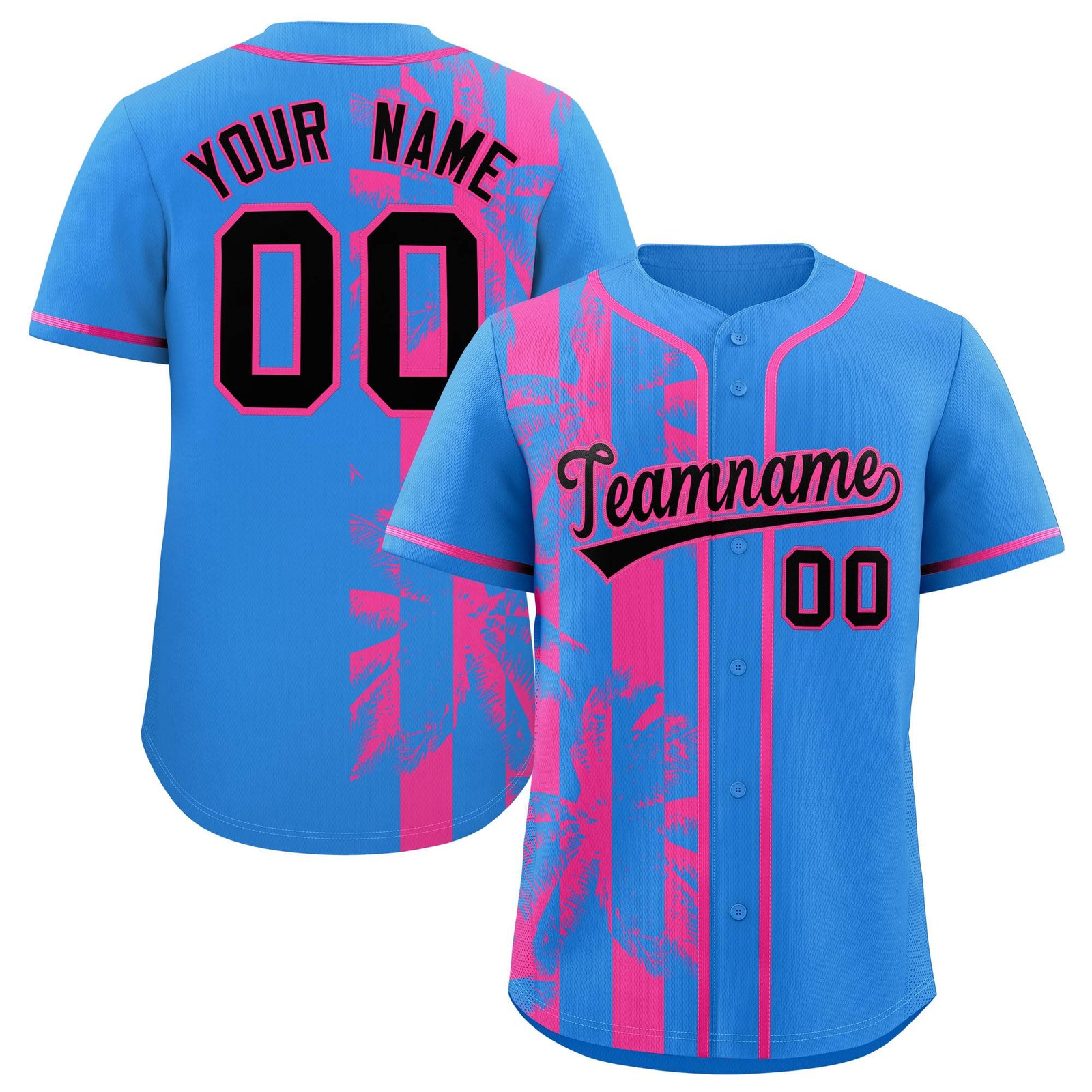 Custom Powder Blue Pink Split Fashion Coconut Tree Design Authentic Baseball Jersey