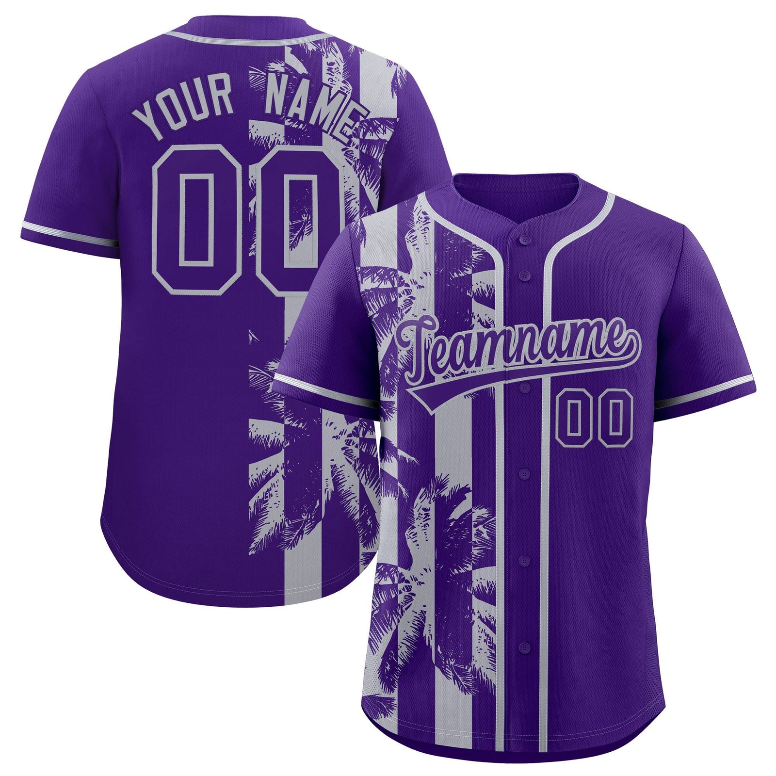 Custom Purple Gray Split Fashion Coconut Tree Design Authentic Baseball Jersey