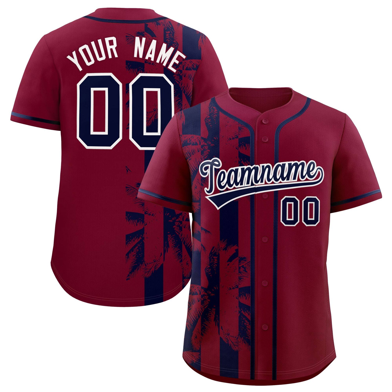 Custom Crimson Navy Split Fashion Coconut Tree Design Authentic Baseball Jersey