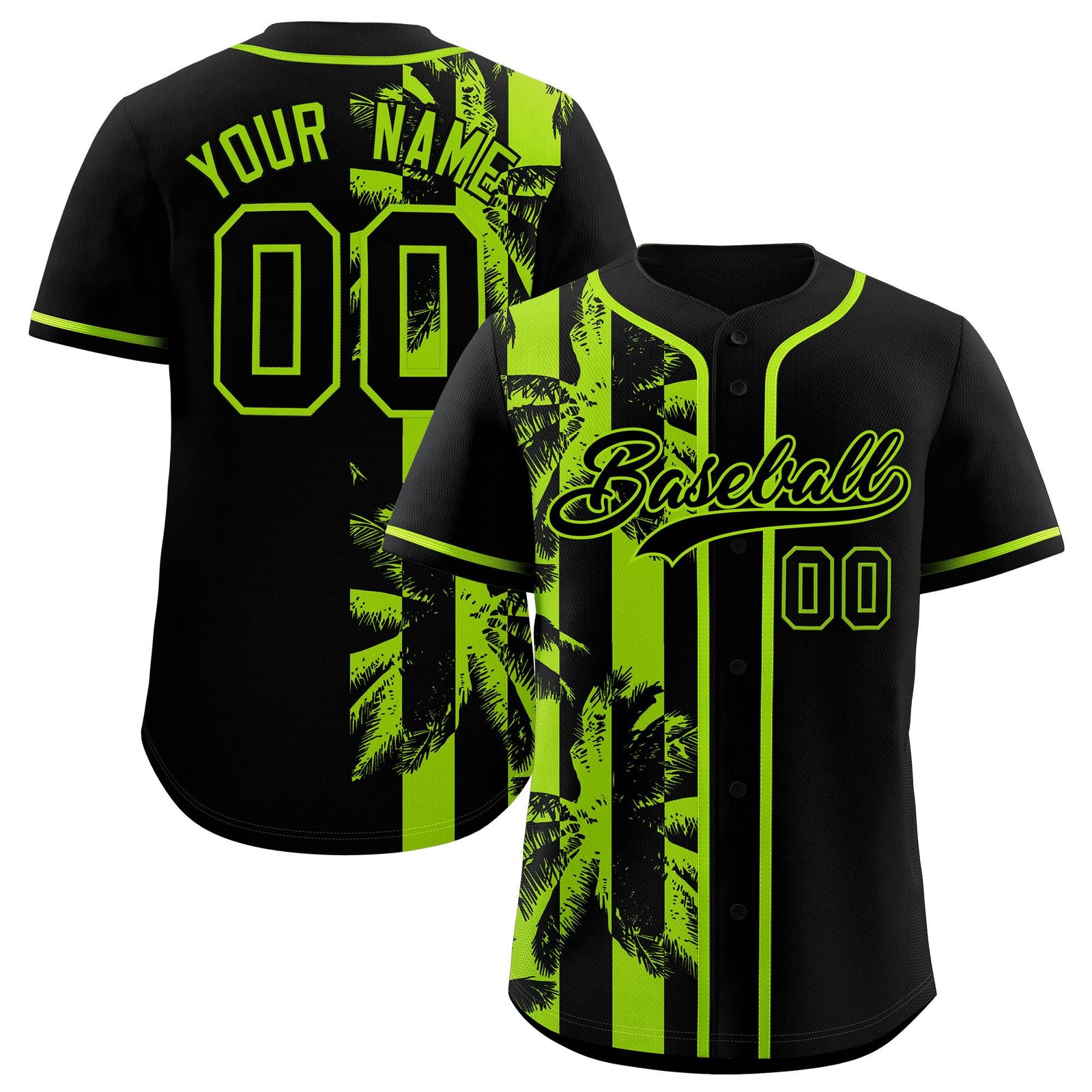 Custom Black Neon Green Split Fashion Coconut Tree Design Authentic Baseball Jersey