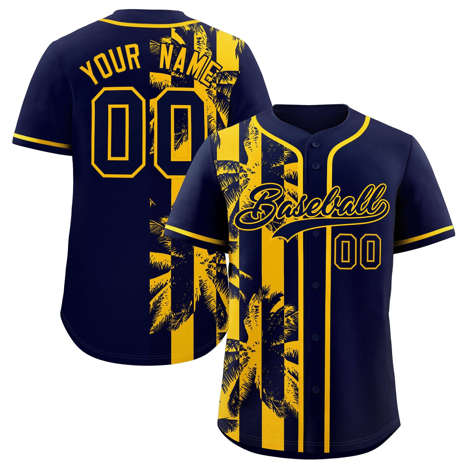 Custom Navy Yellow Split Fashion Coconut Tree Design Authentic Baseball Jersey