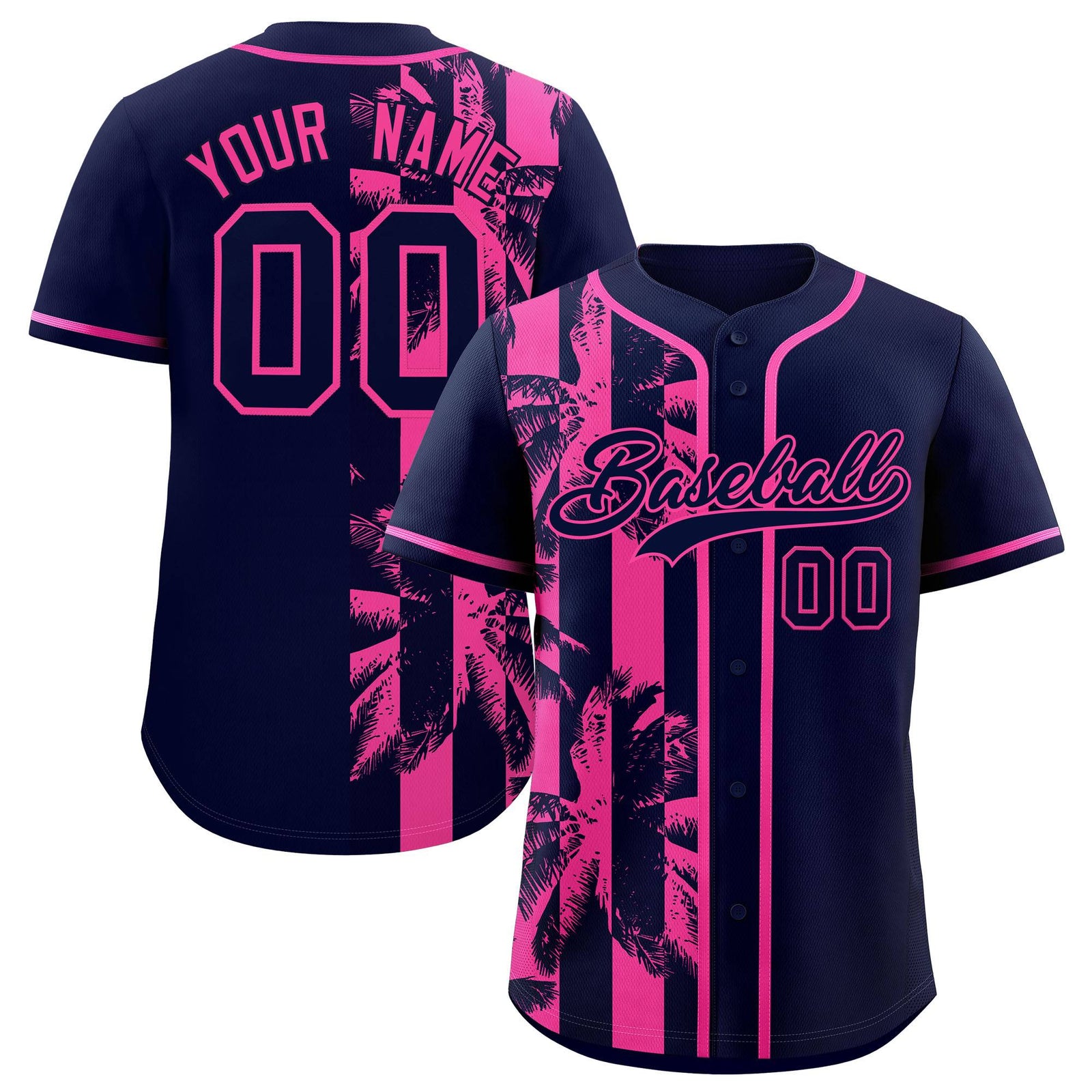 Custom Navy Pink Split Fashion Coconut Tree Design Authentic Baseball Jersey