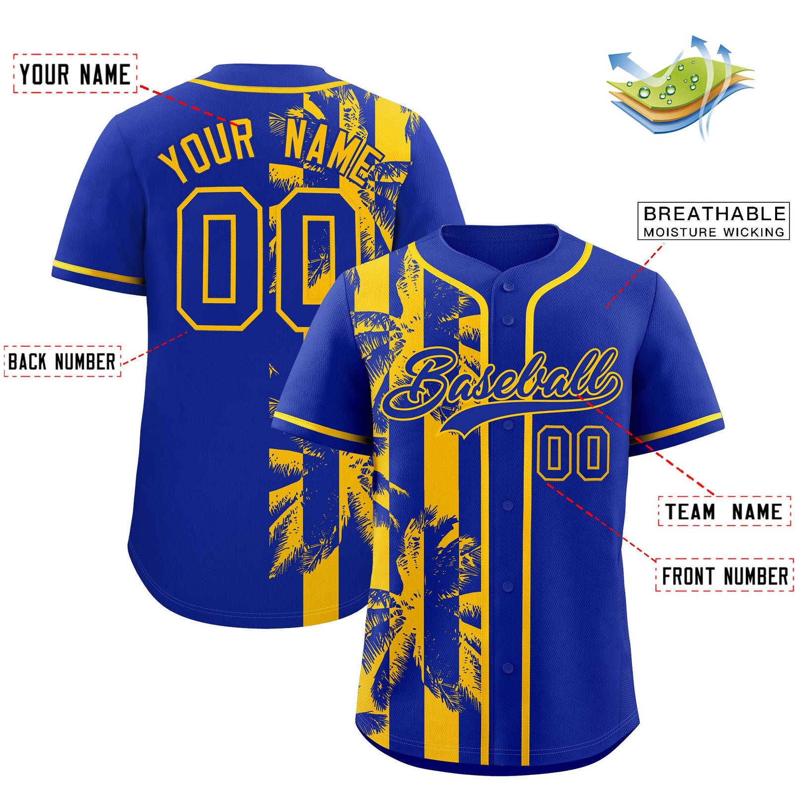Custom Royal Yellow Split Fashion Coconut Tree Design Authentic Baseball Jersey