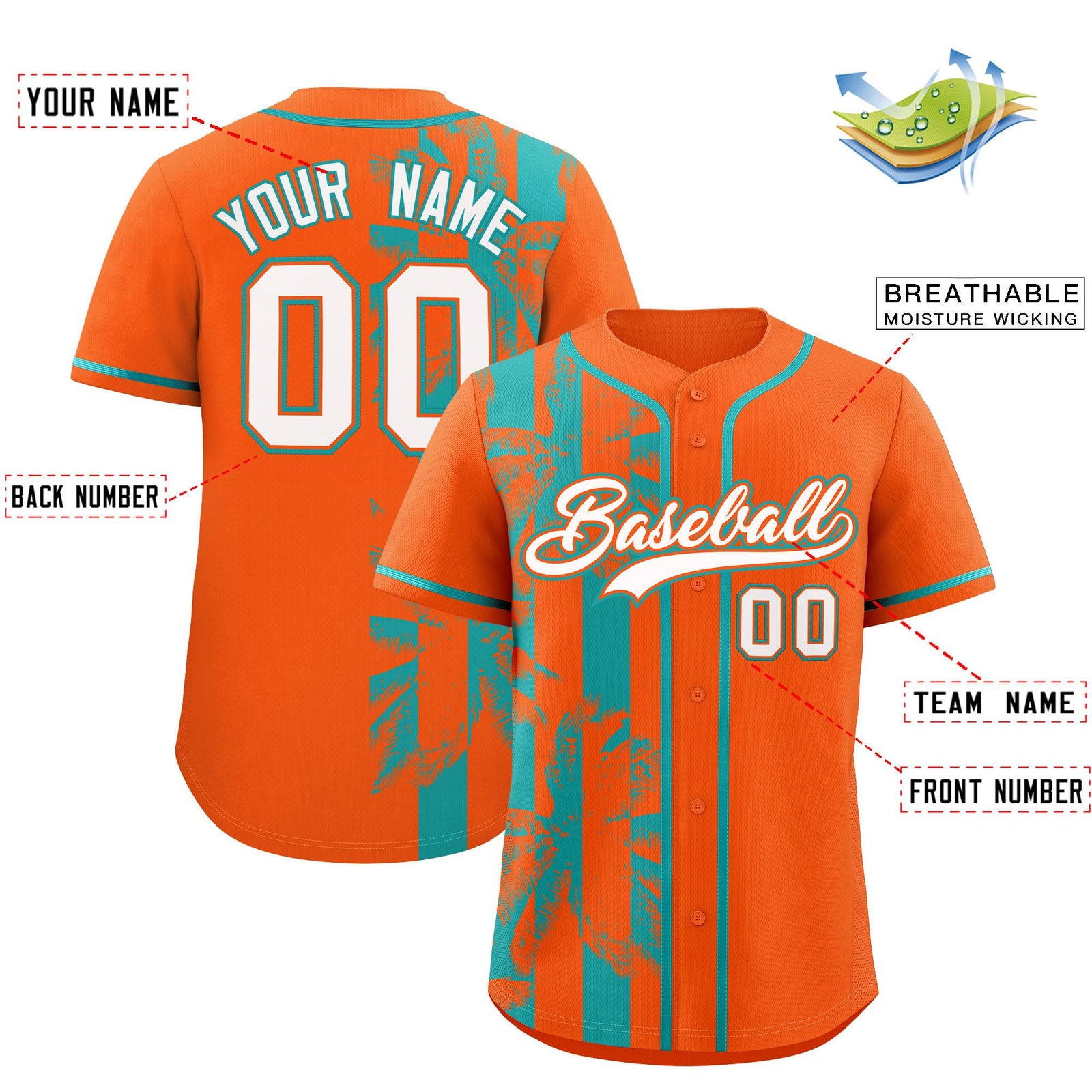 Custom Orange Aqua Split Fashion Coconut Tree Design Authentic Baseball Jersey