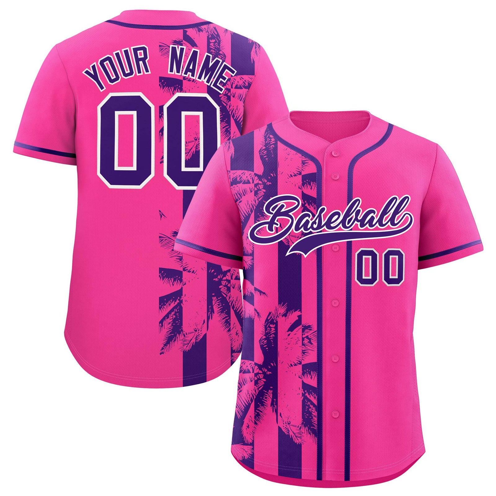Custom Pink Purple Split Fashion Coconut Tree Design Authentic Baseball Jersey