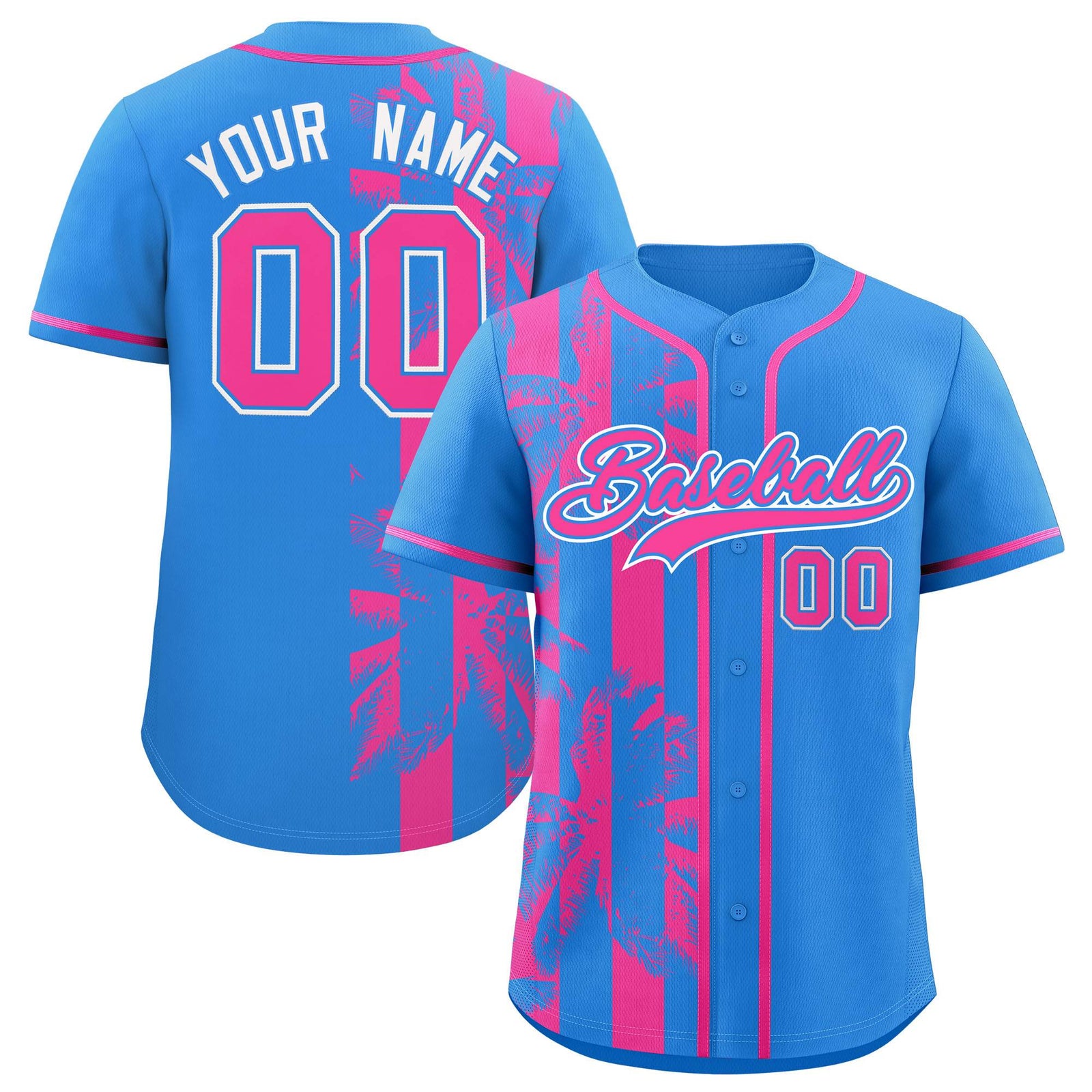 Custom Powder Blue Pink Split Fashion Coconut Tree Design Authentic Baseball Jersey