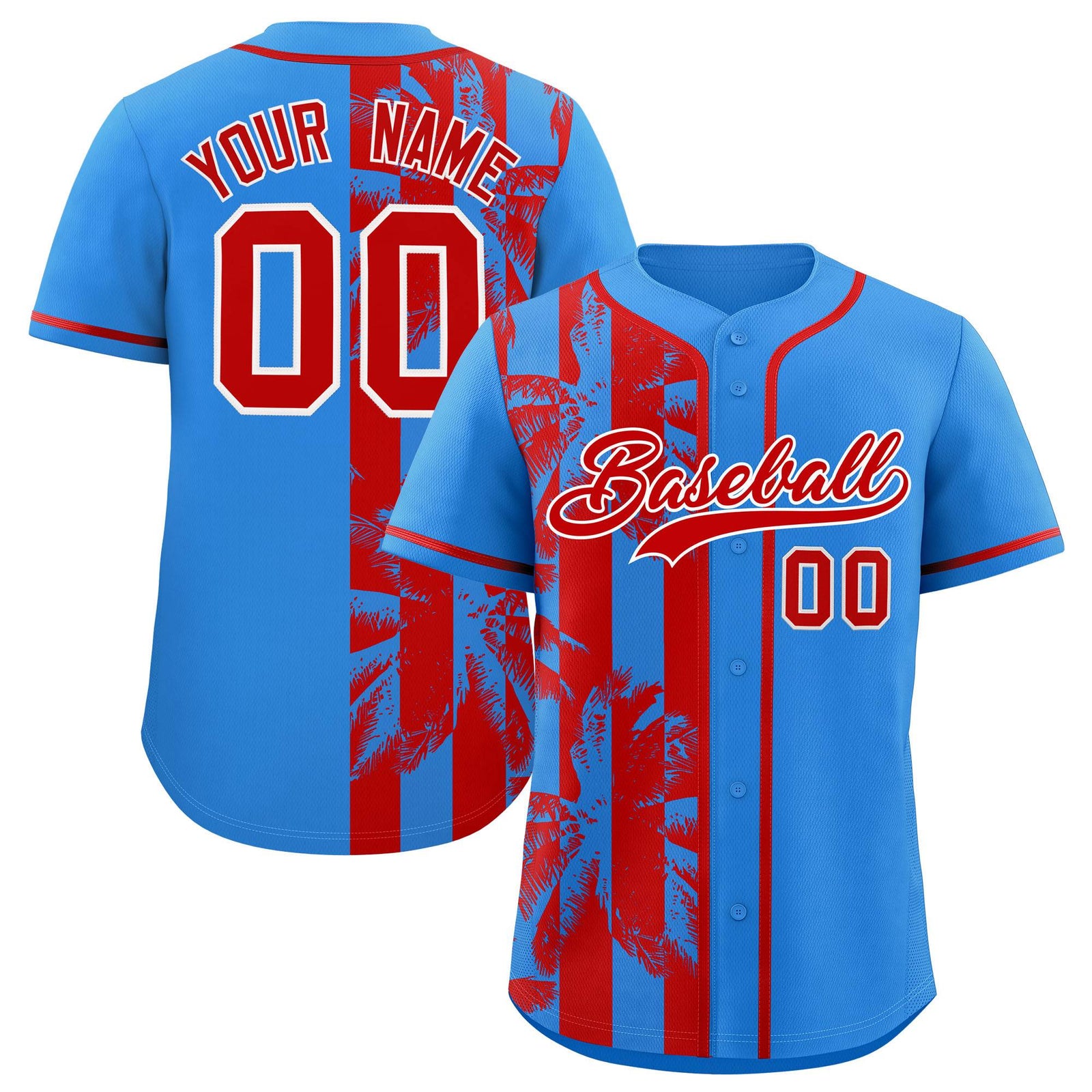 Custom Powder Blue Red Split Fashion Coconut Tree Design Authentic Baseball Jersey