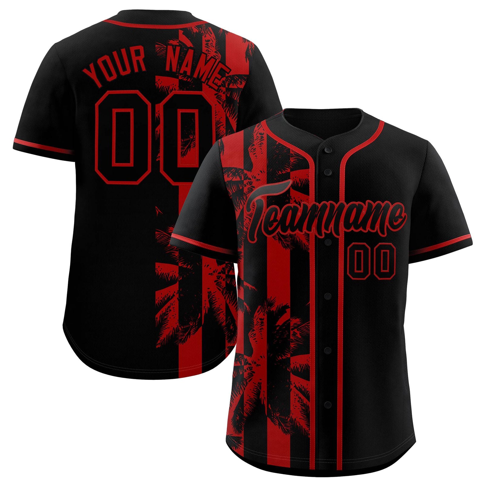 Custom Black Red Split Fashion Coconut Tree Design Authentic Baseball Jersey