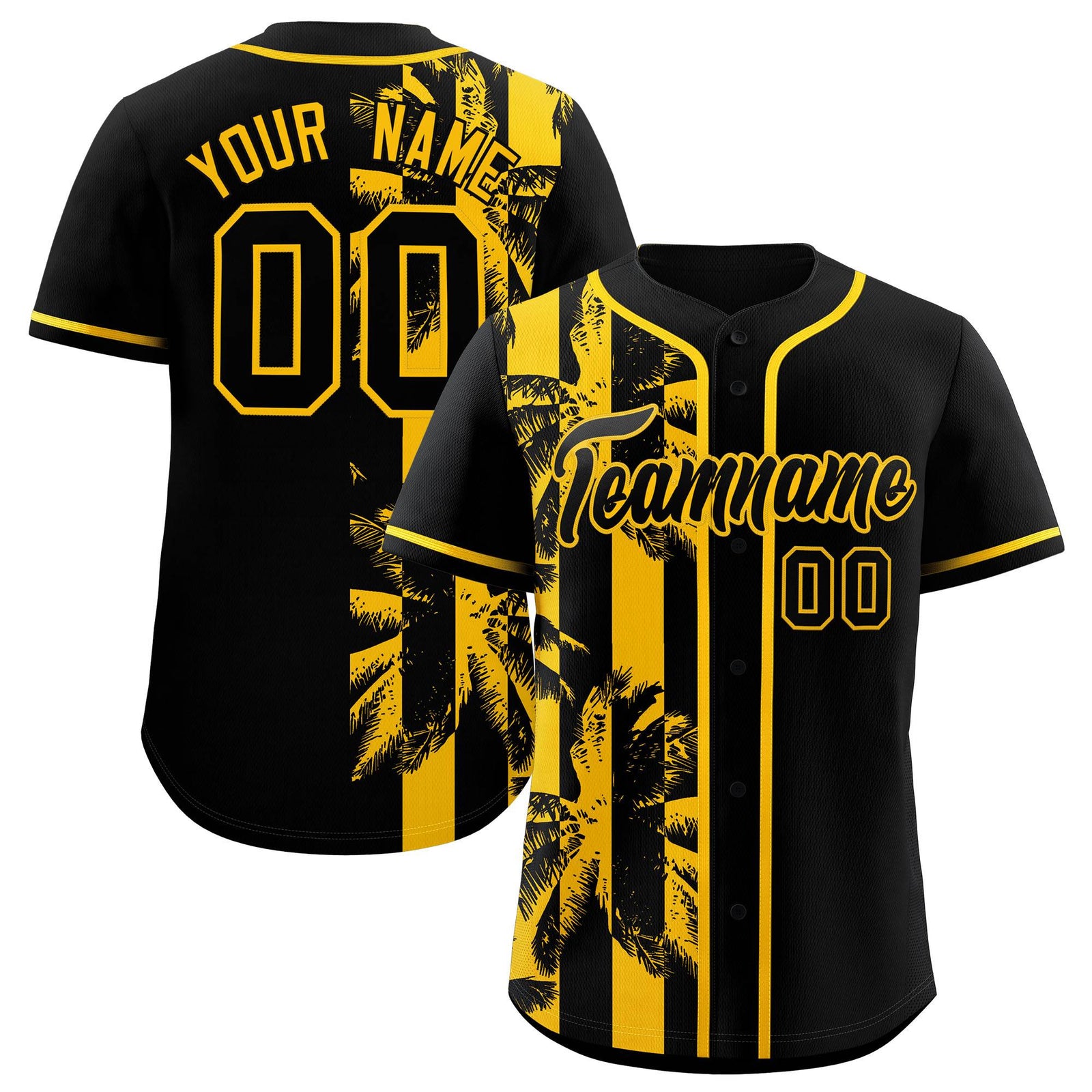 Custom Black Yellow Split Fashion Coconut Tree Design Authentic Baseball Jersey