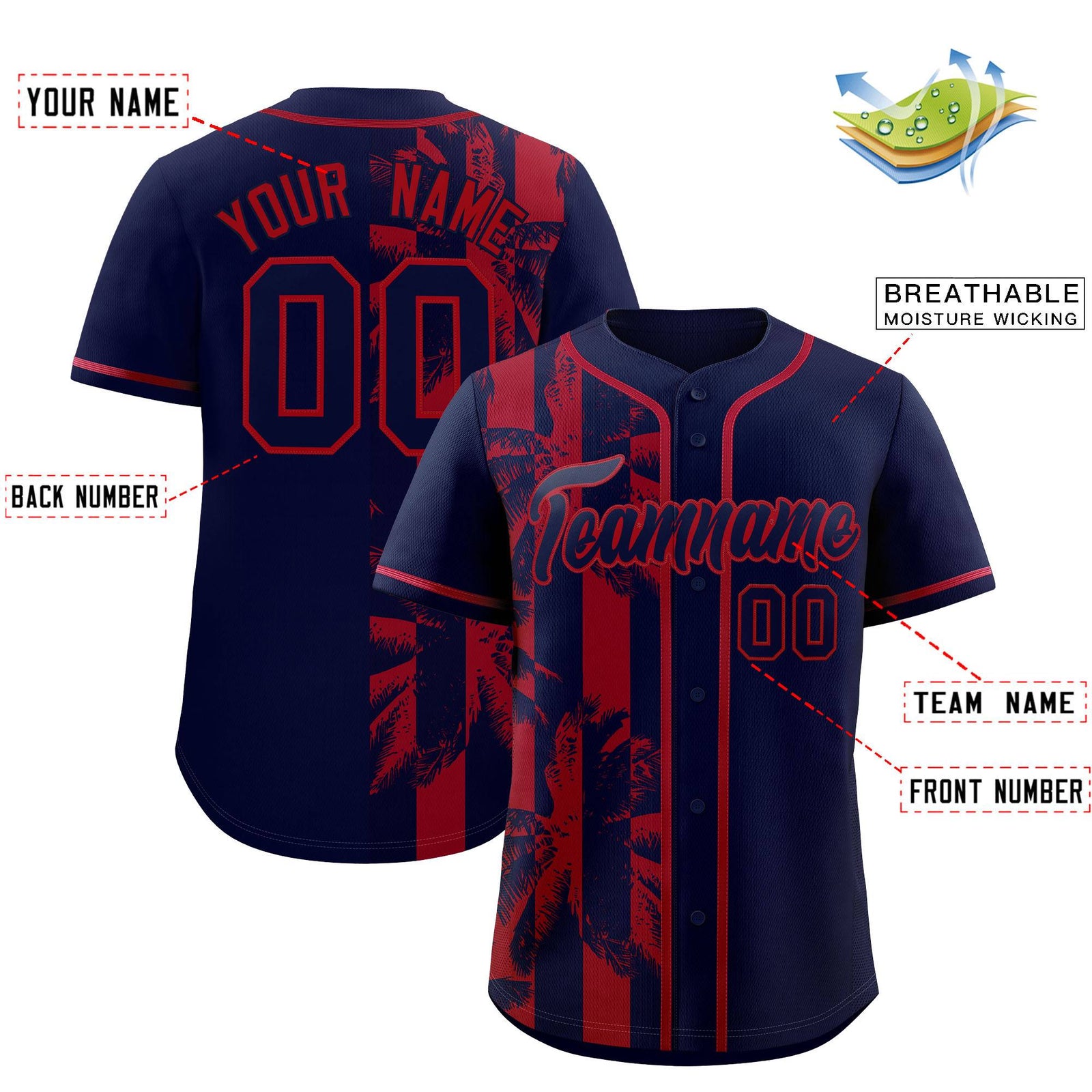Custom Navy Red Split Fashion Coconut Tree Design Authentic Baseball Jersey