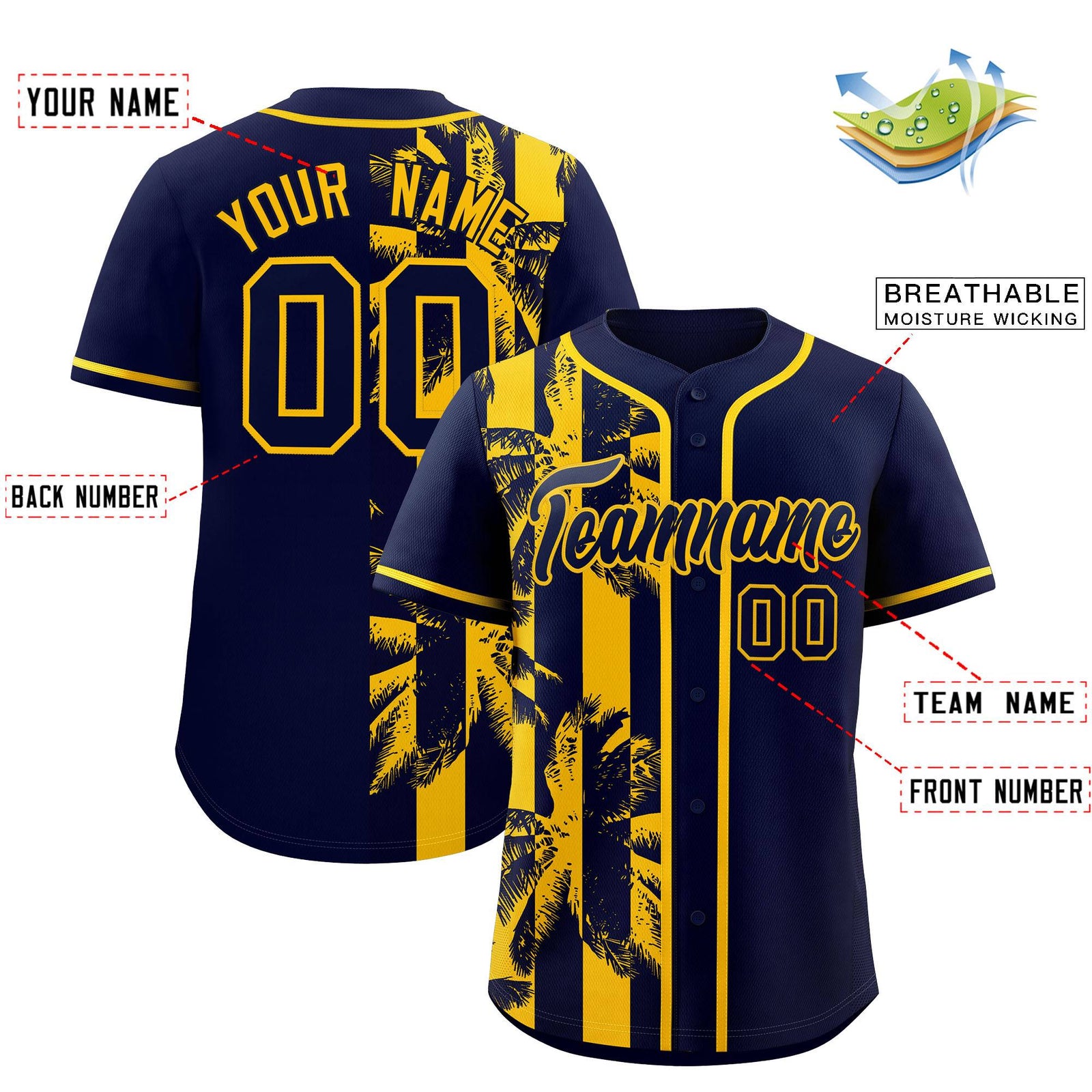 Custom Navy Yellow Split Fashion Coconut Tree Design Authentic Baseball Jersey