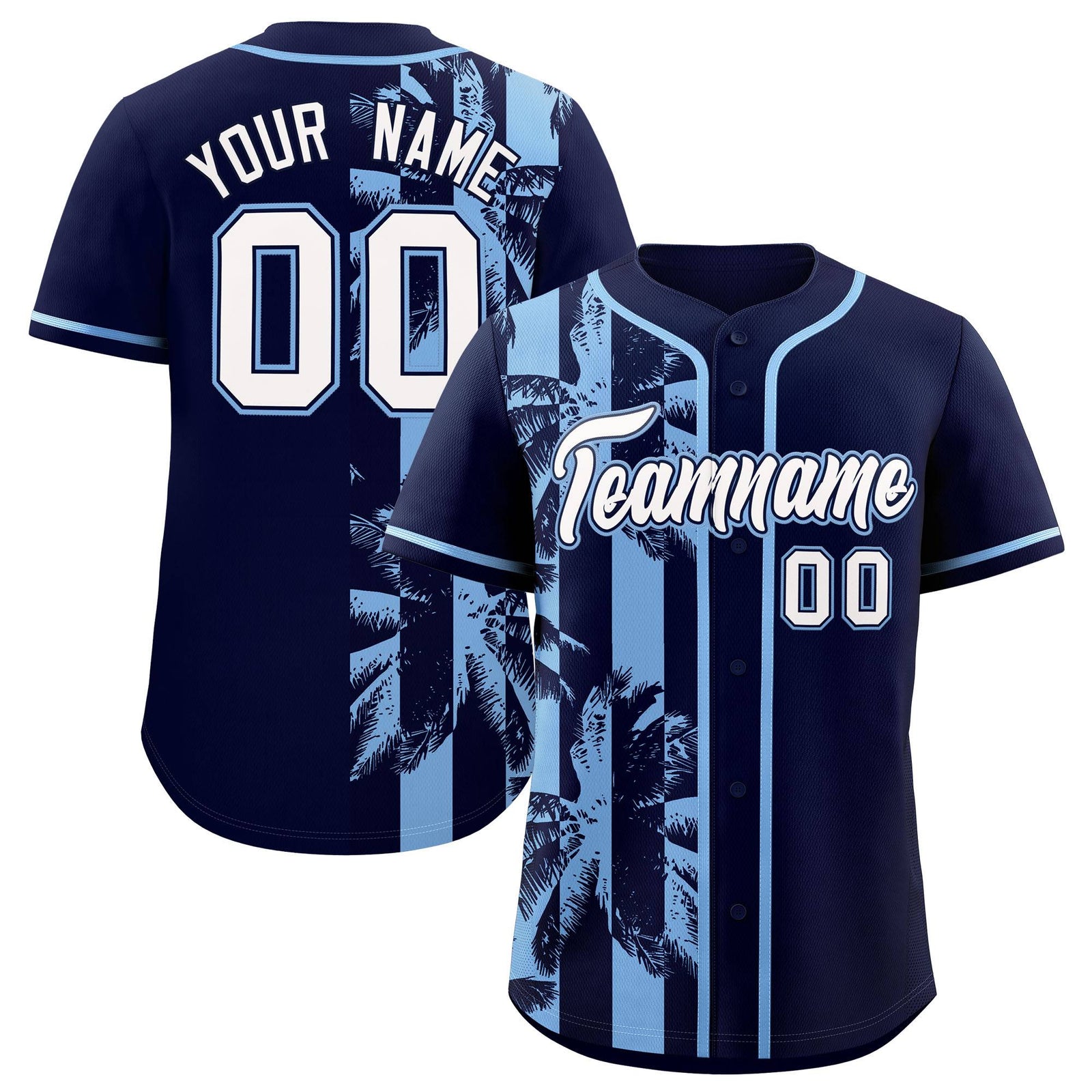 Custom Navy Powder Blue Split Fashion Coconut Tree Design Authentic Baseball Jersey
