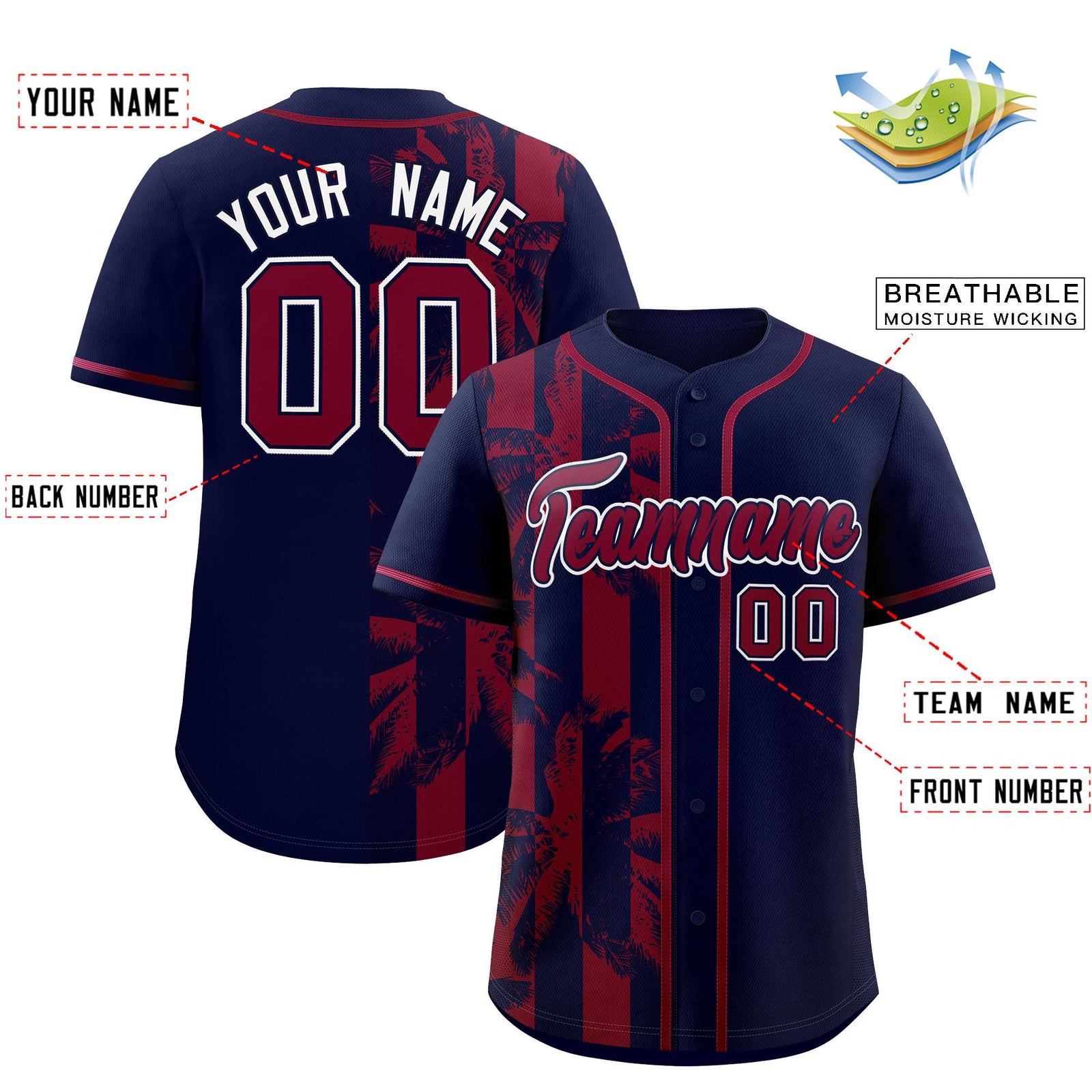 Custom Navy Crimson Split Fashion Coconut Tree Design Authentic Baseball Jersey