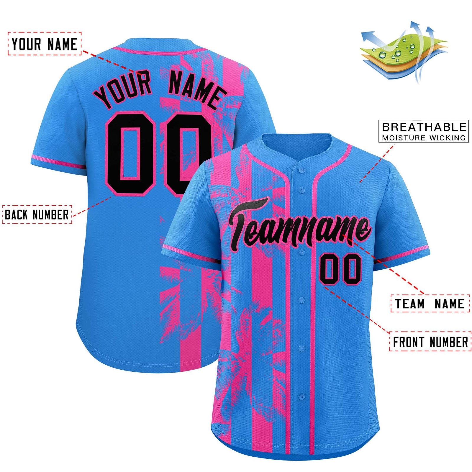 Custom Powder Blue Pink Split Fashion Coconut Tree Design Authentic Baseball Jersey