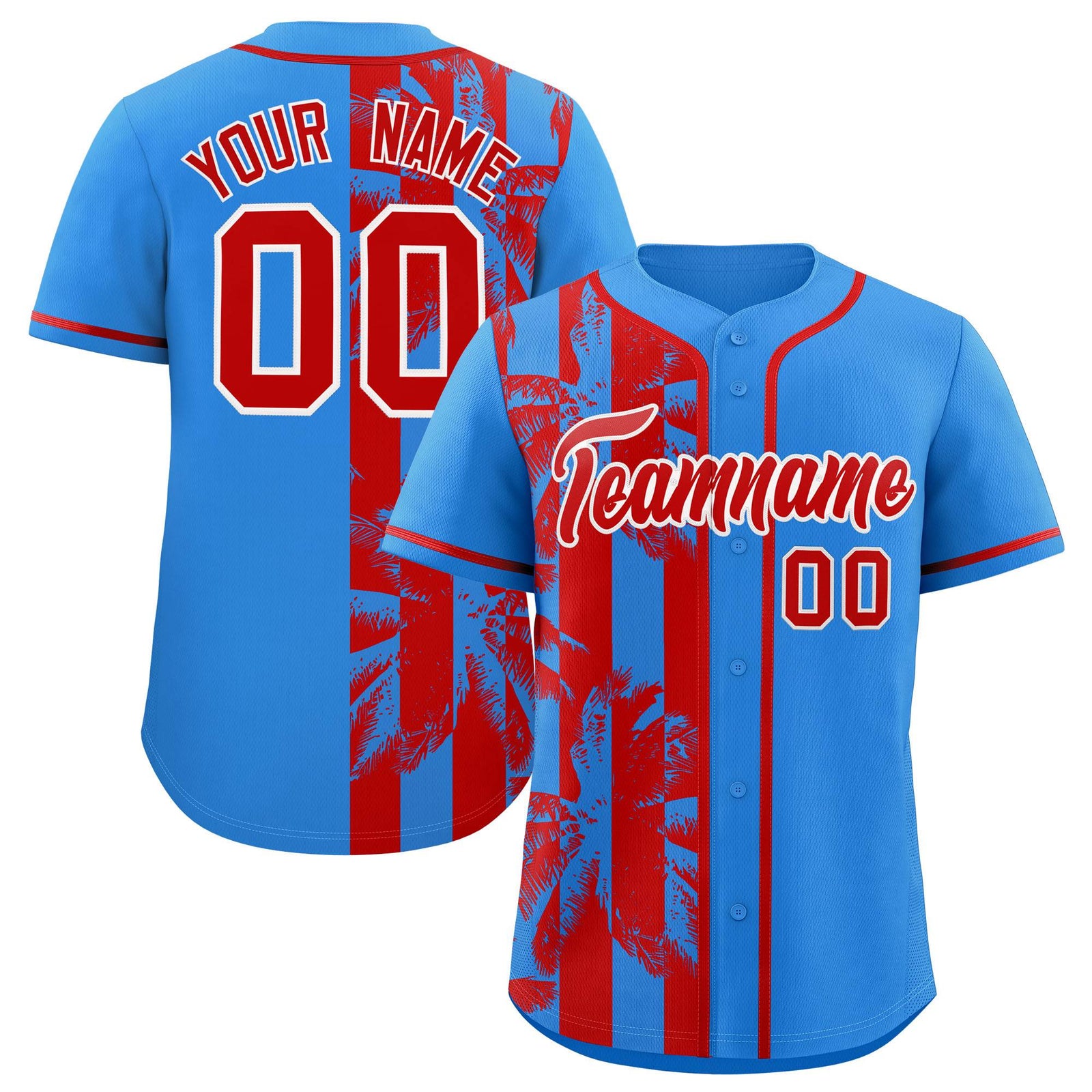 Custom Powder Blue Red Split Fashion Coconut Tree Design Authentic Baseball Jersey