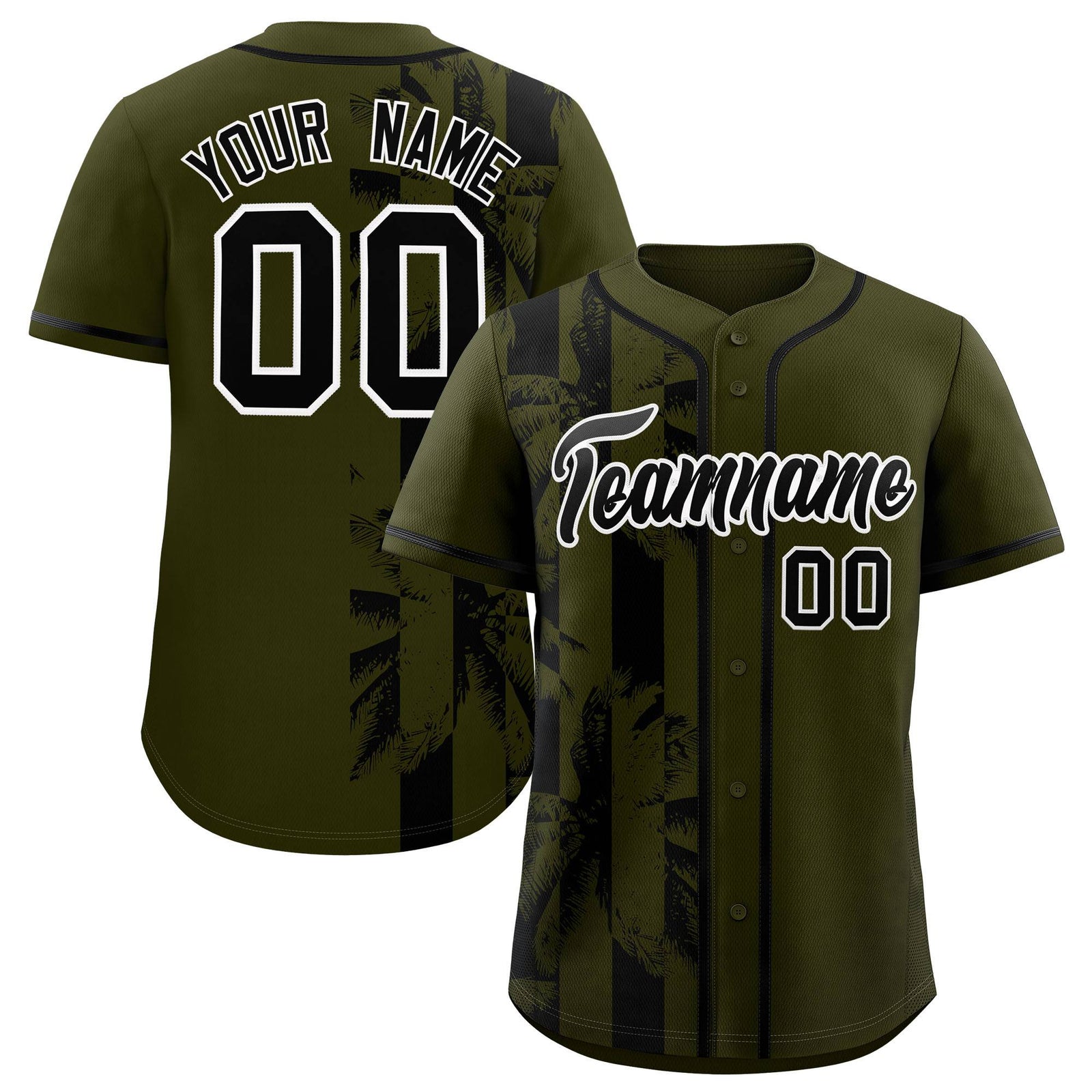 Custom Olive Black Split Fashion Coconut Tree Design Authentic Baseball Jersey