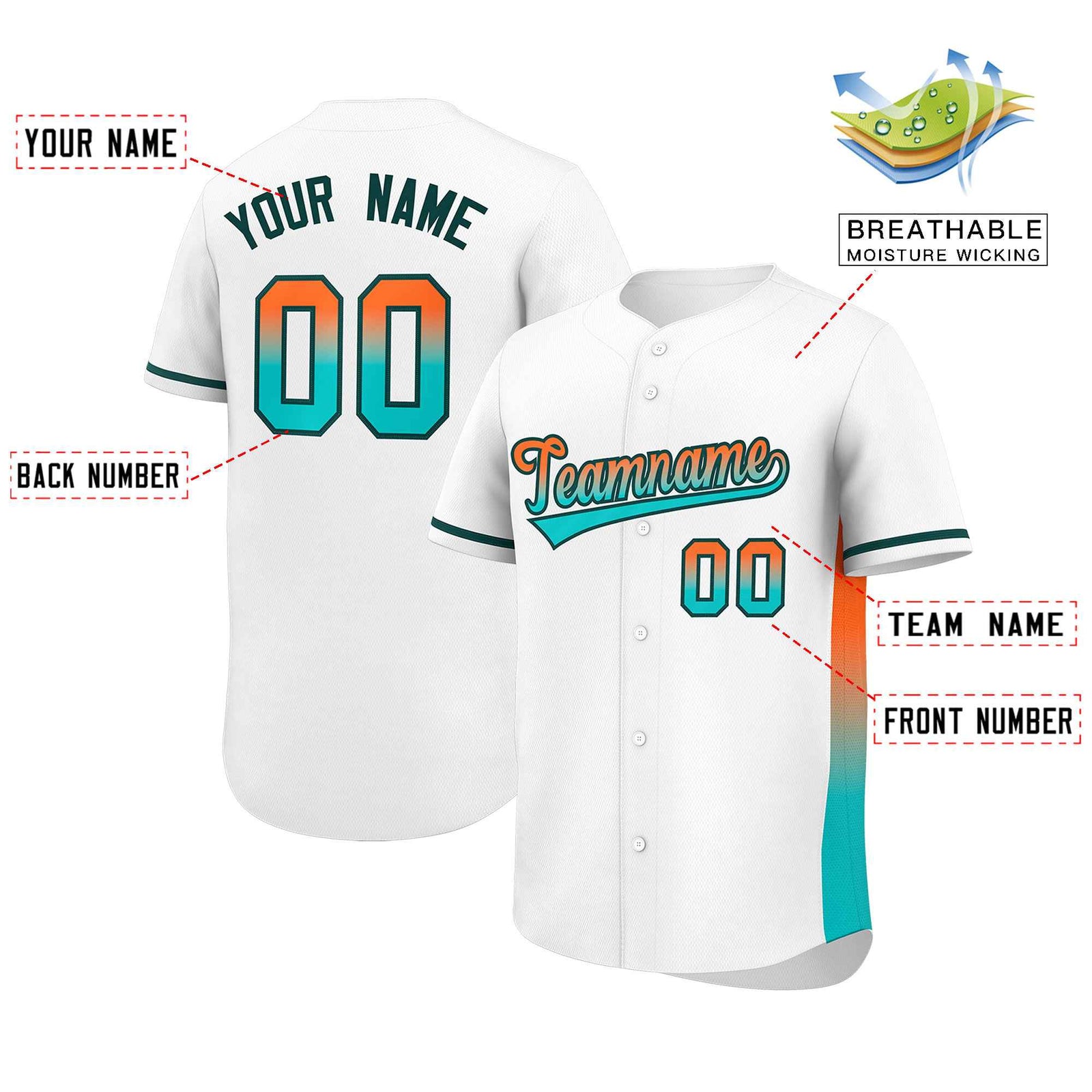 Custom White Orange-Aqua Personalized Gradient Font And Side Design Authentic Baseball Jersey