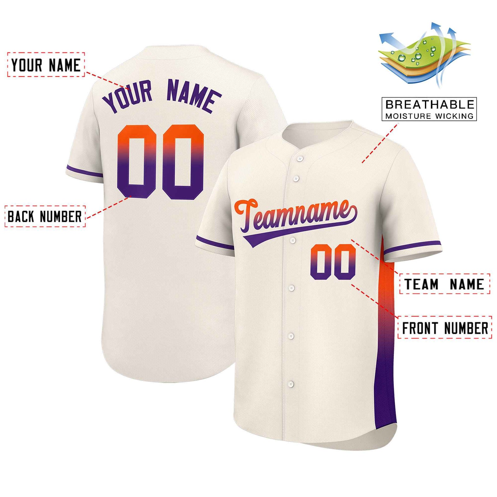 Custom Cream Orange-Purple Personalized Gradient Font And Side Design Authentic Baseball Jersey