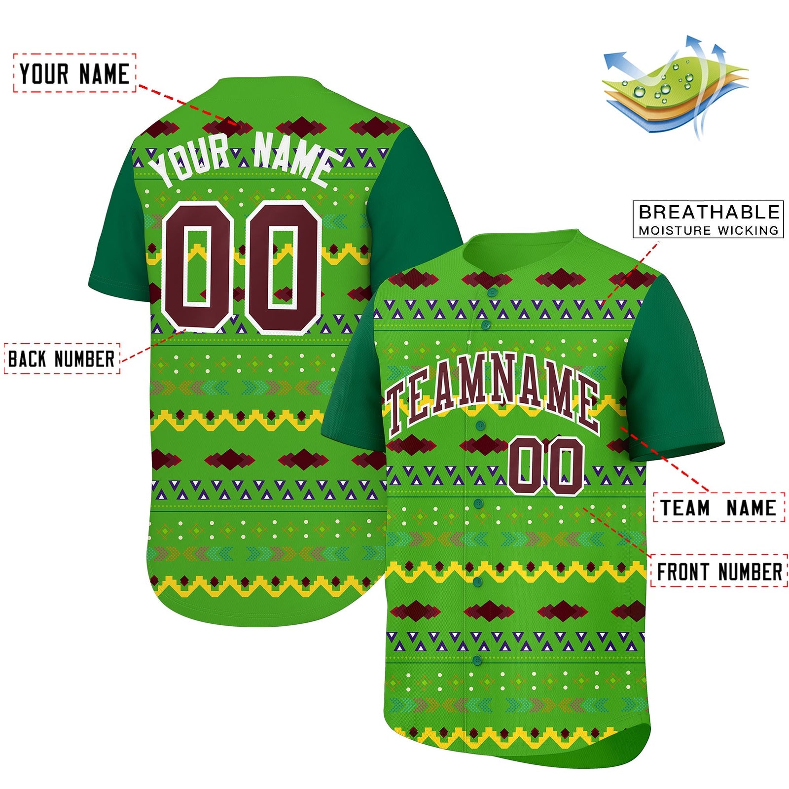 Custom Light Green Kelly Green White Mexican style Stretch Fabric Baseball Jersey| KXKSHOP