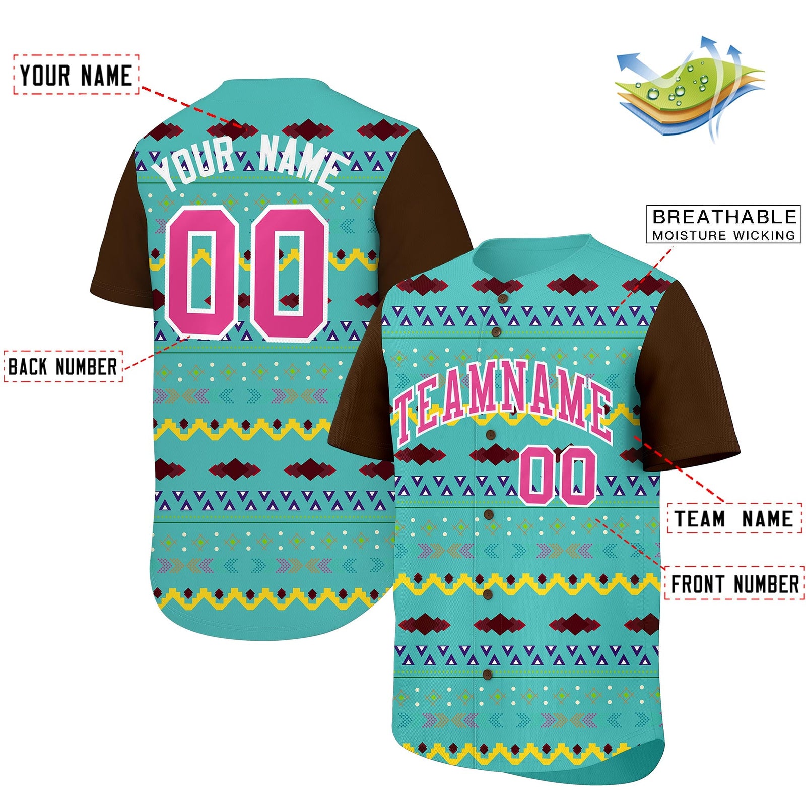 Custom Teal Brown White Mexican style Breathable Baseball Jersey| KXKSHOP